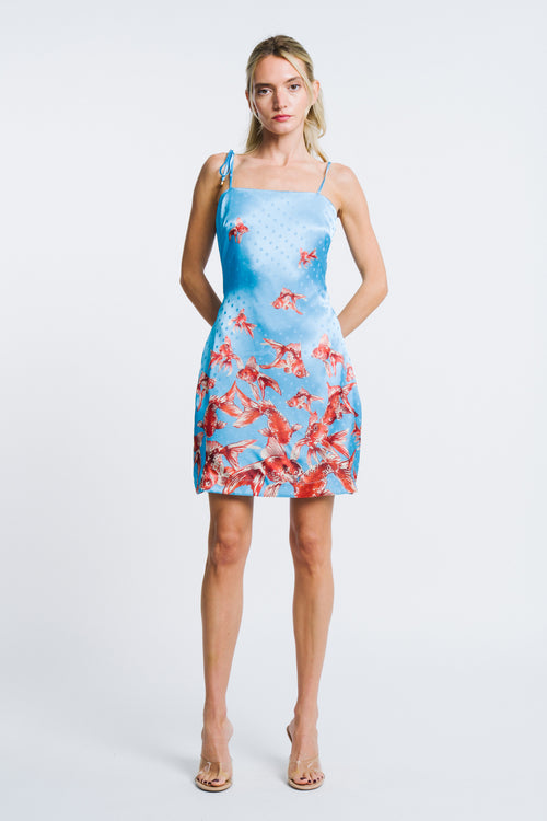Load image 1 in gallery view. Franco Goldfish Print Satin Mini Dress