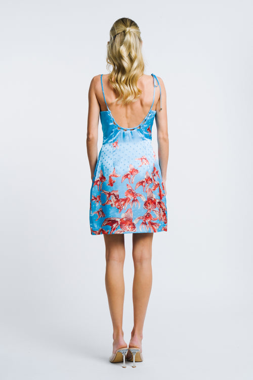 Load image 1 in gallery view. Franco Goldfish Print Satin Mini Dress