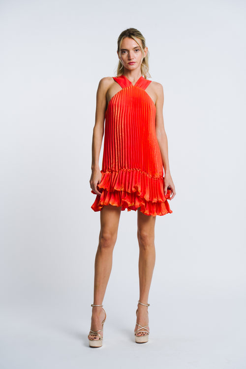 Load image 1 in gallery view. Nika Pleated Satin Halter Mini Dress