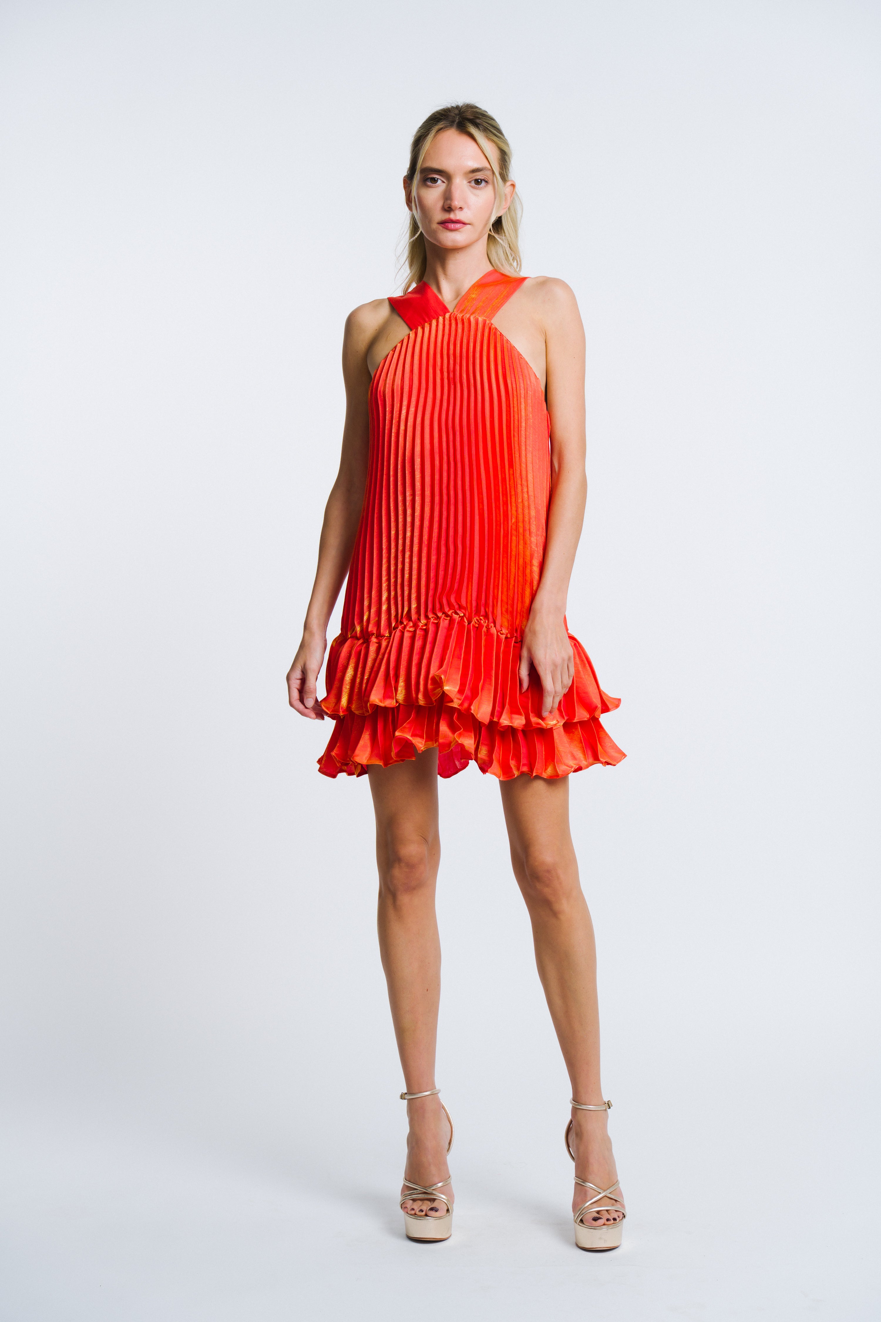 Nika Pleated Satin Halter Mini Dress