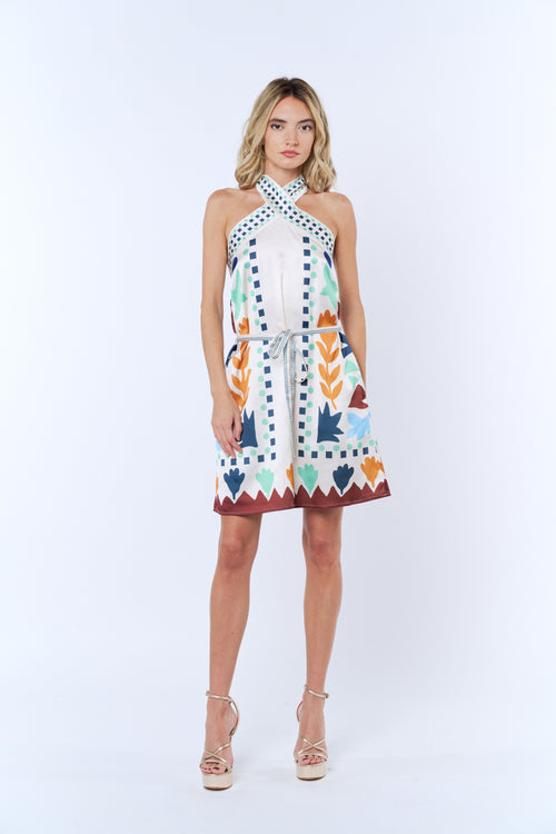 Load image 1 in gallery view. Lio Abstract Print Satin Halter Mini Dress