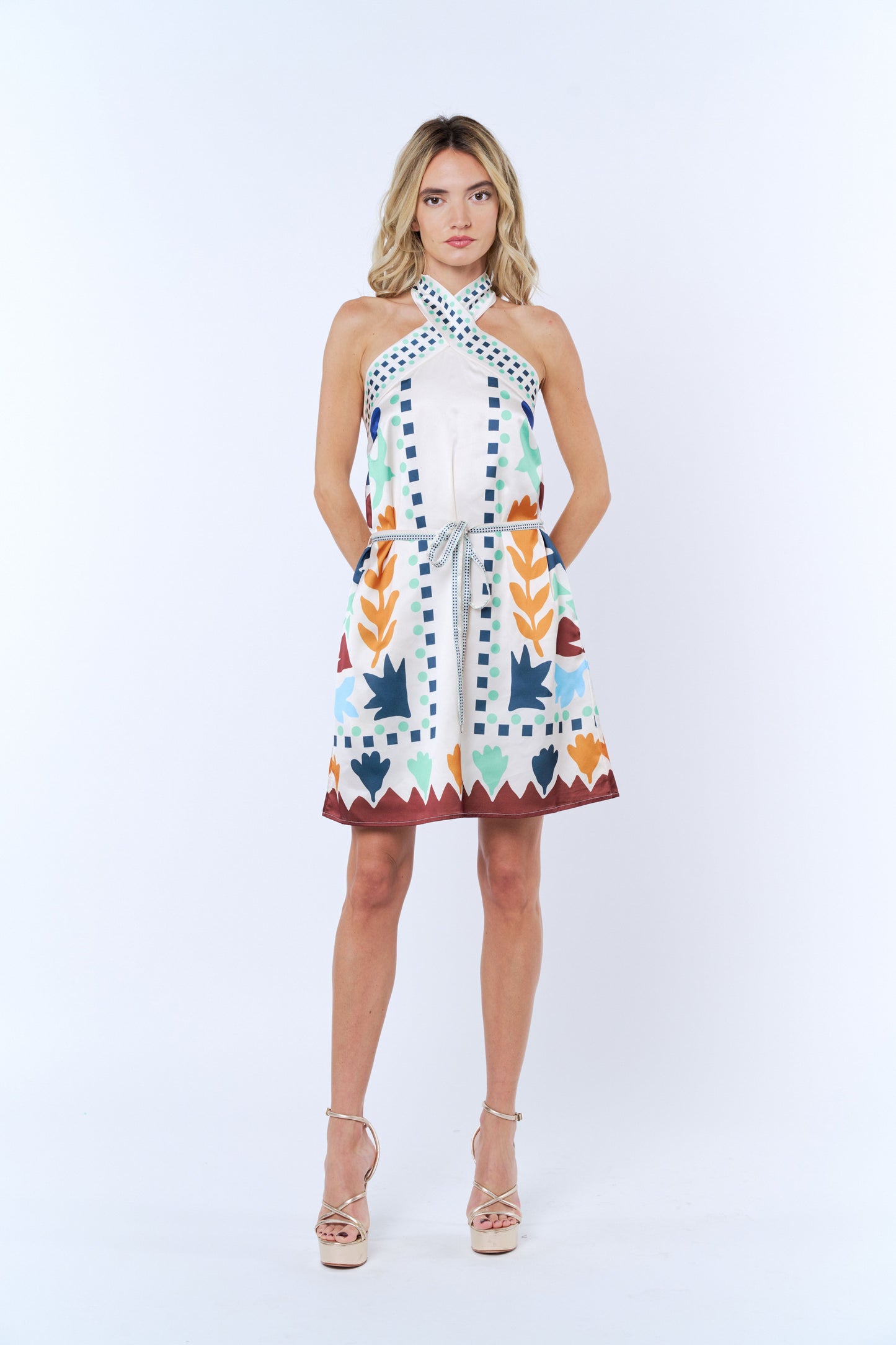 Lio Abstract Print Satin Halter Mini Dress