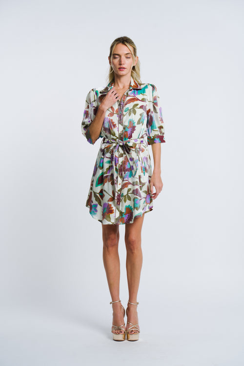 Cargar la imagen 1 en la vista de la galería. Arella Shimmer Floral Print Mini Shirt Dress