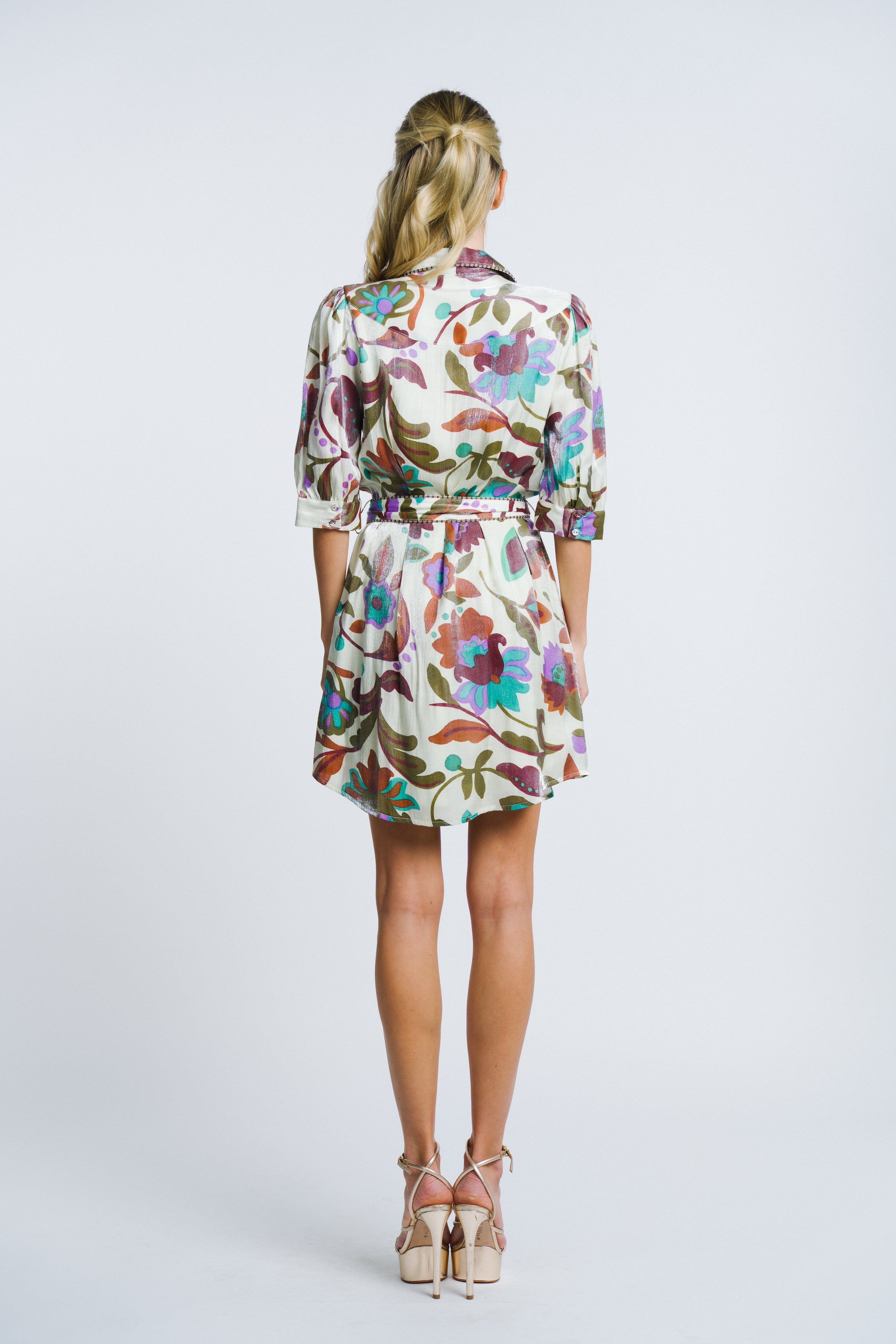 Arella Shimmer Floral Print Mini Shirt Dress