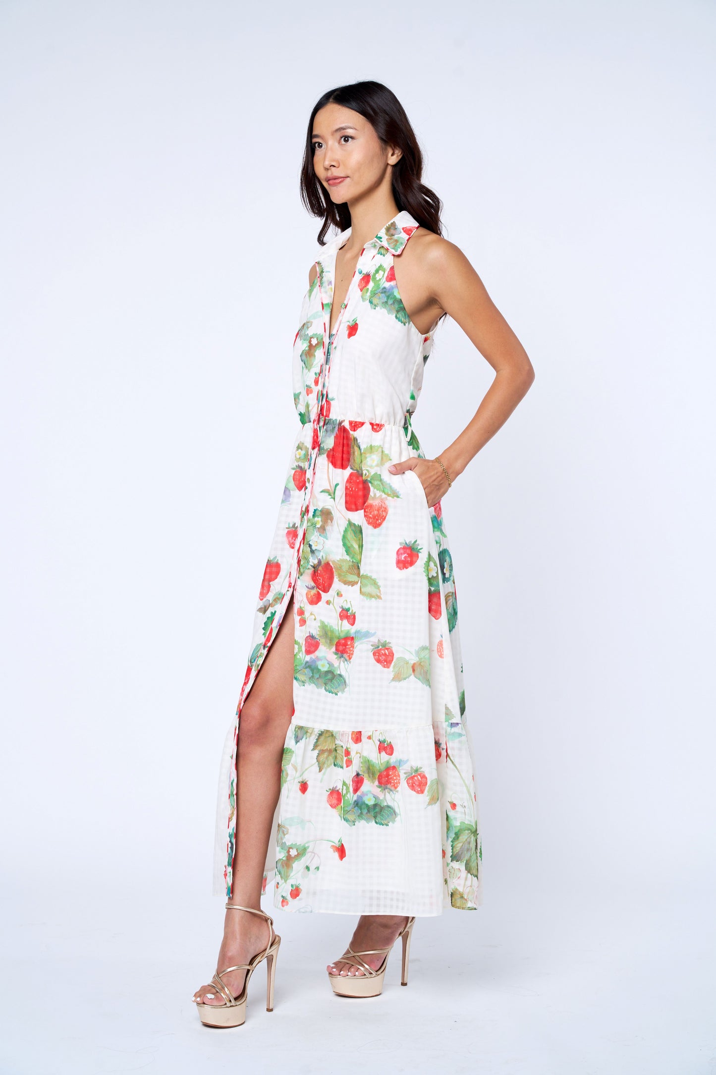 Katerina Strawberry Print Sleeveless Shirtdress