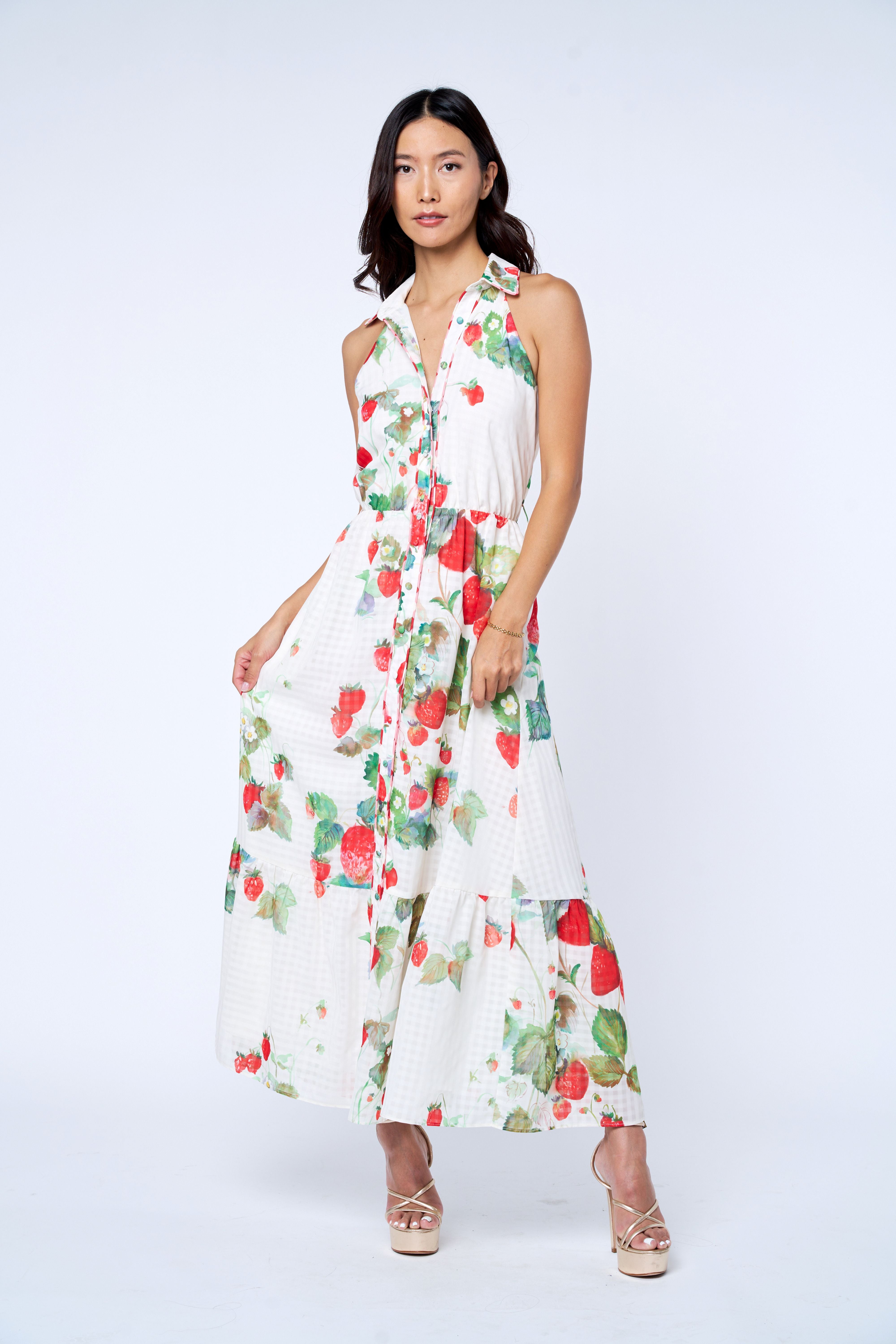 Katerina Strawberry Print Sleeveless Shirtdress