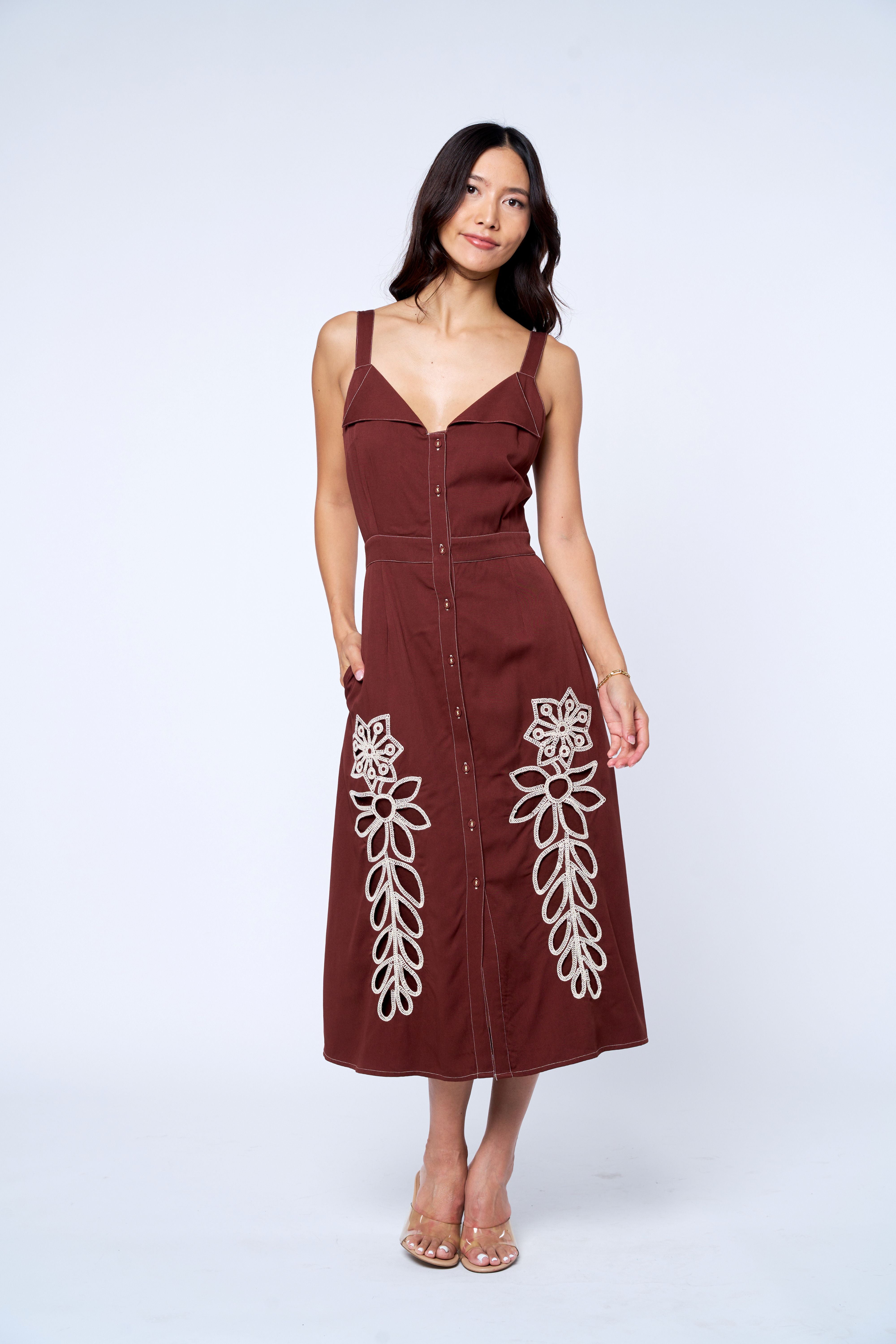 Joy Floral Embroidered Button-Up Midi Dress