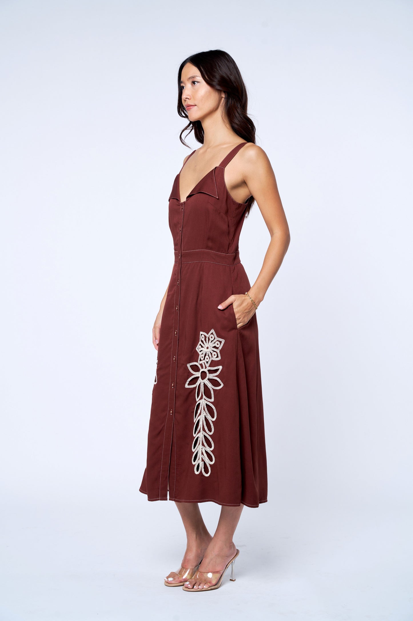 Joy Floral Embroidered Button-Up Midi Dress