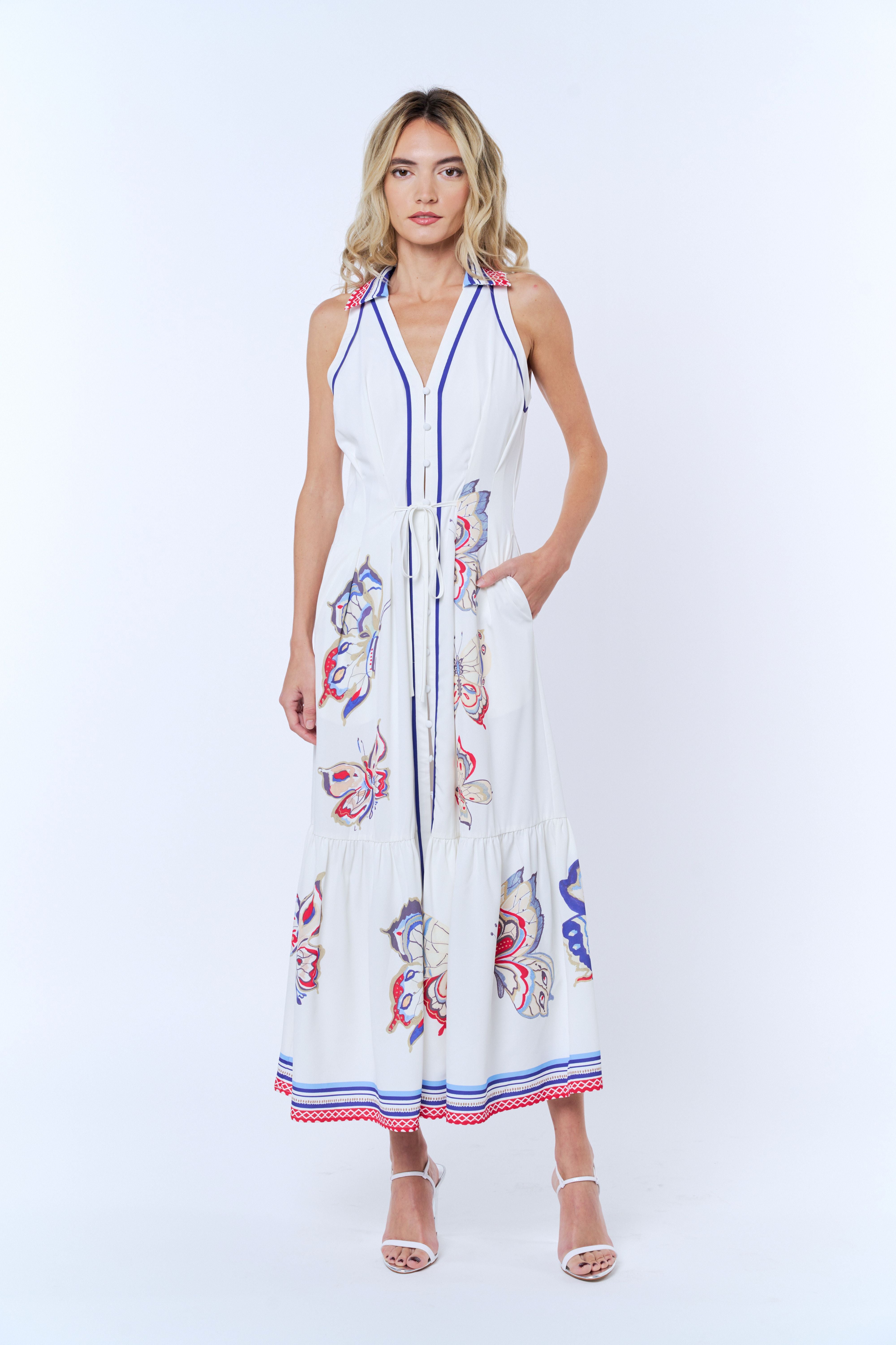 Neena Butterfly Print Button-Up Maxi Dress