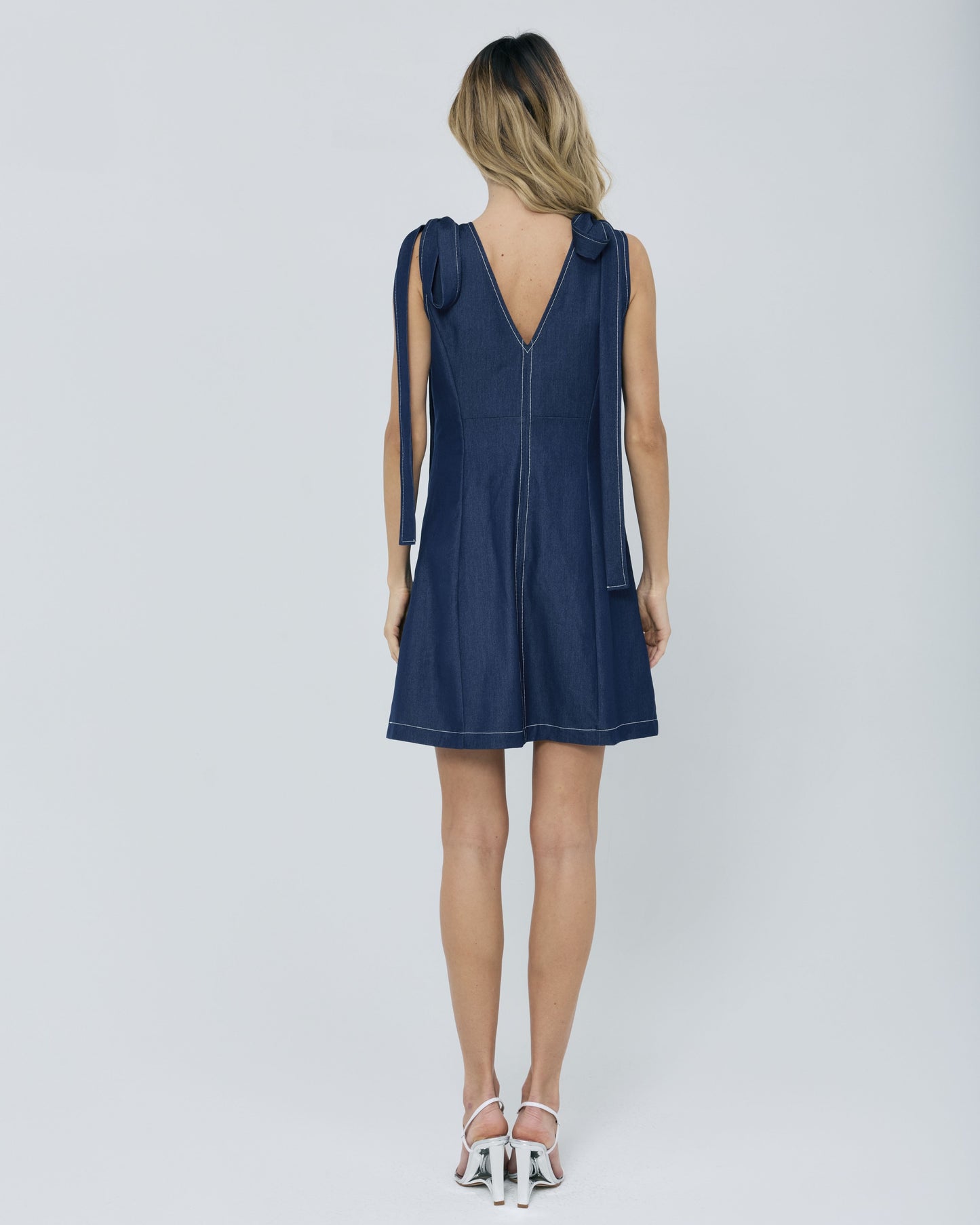 Sila Denim Effect Topstitch Sleeveless Mini Dress