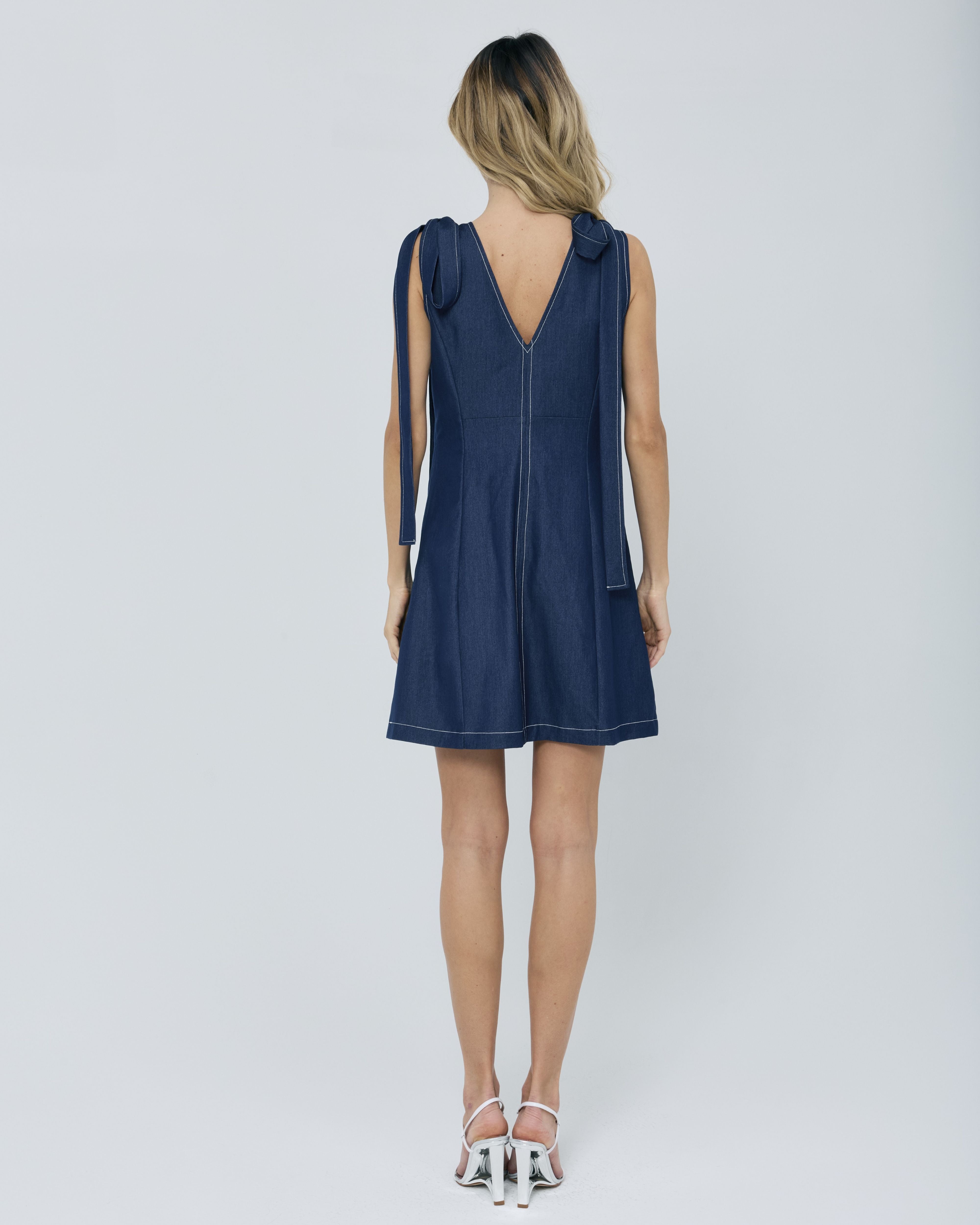 Sila Denim Effect Topstitch Sleeveless Mini Dress