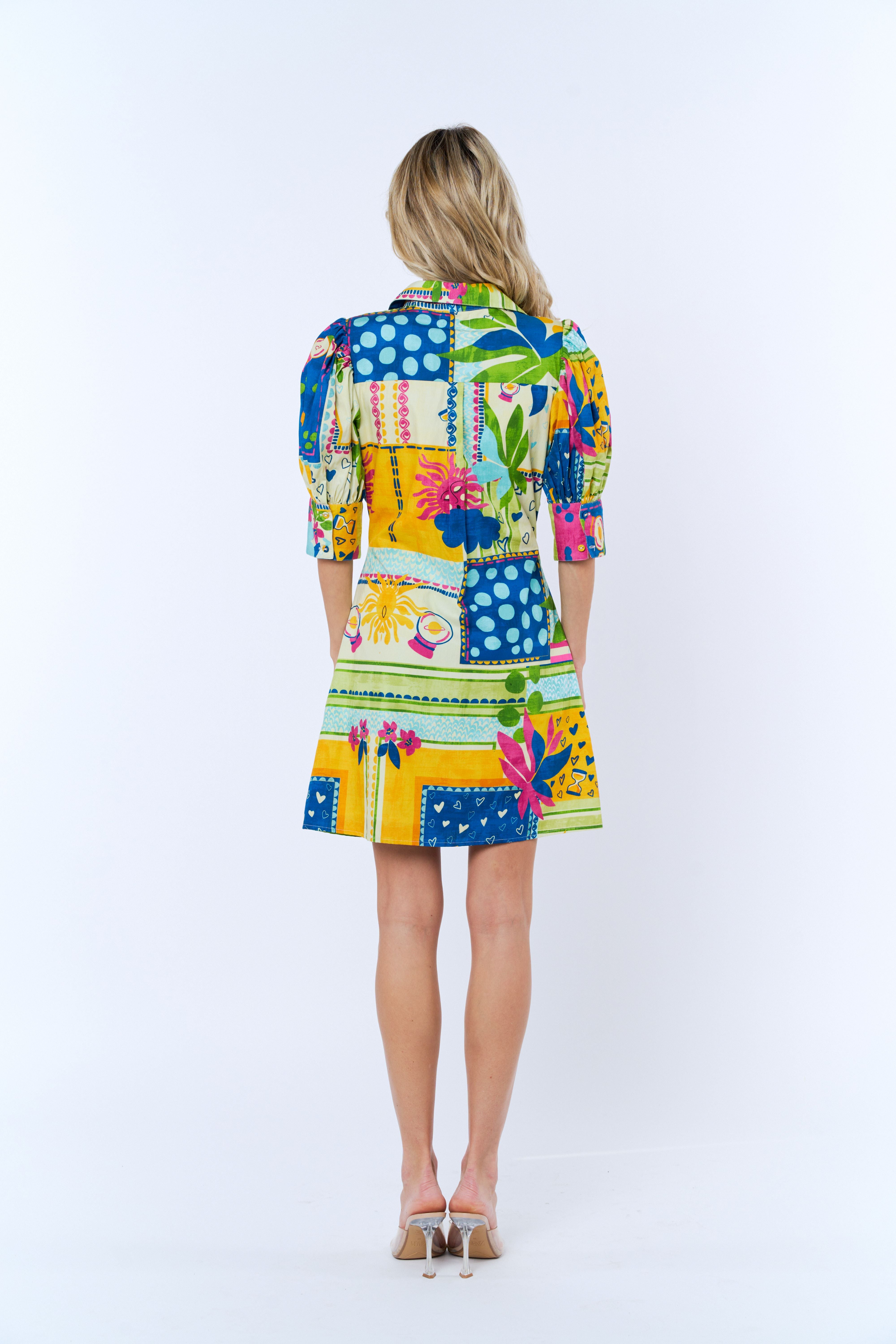 Stormi Abstract Print Puff Sleeve Mini Shirt Dress