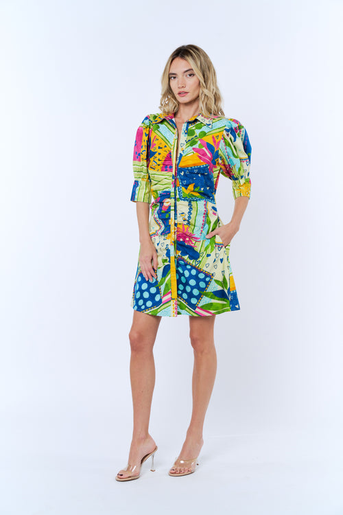 Load image 1 in gallery view. Stormi Abstract Print Puff Sleeve Mini Shirt Dress