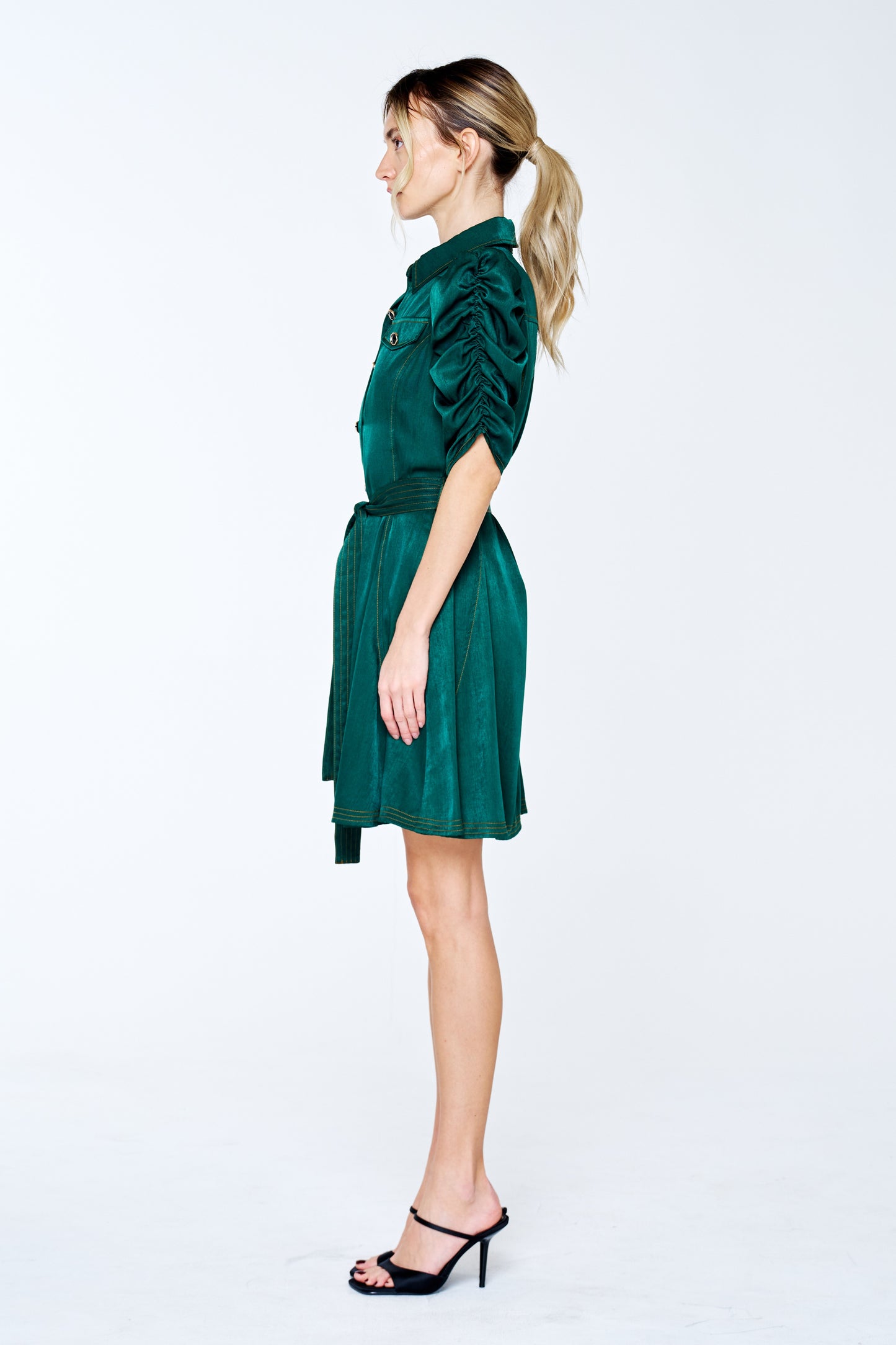 Bryce Ruched Sleeve Mini Shirt Dress
