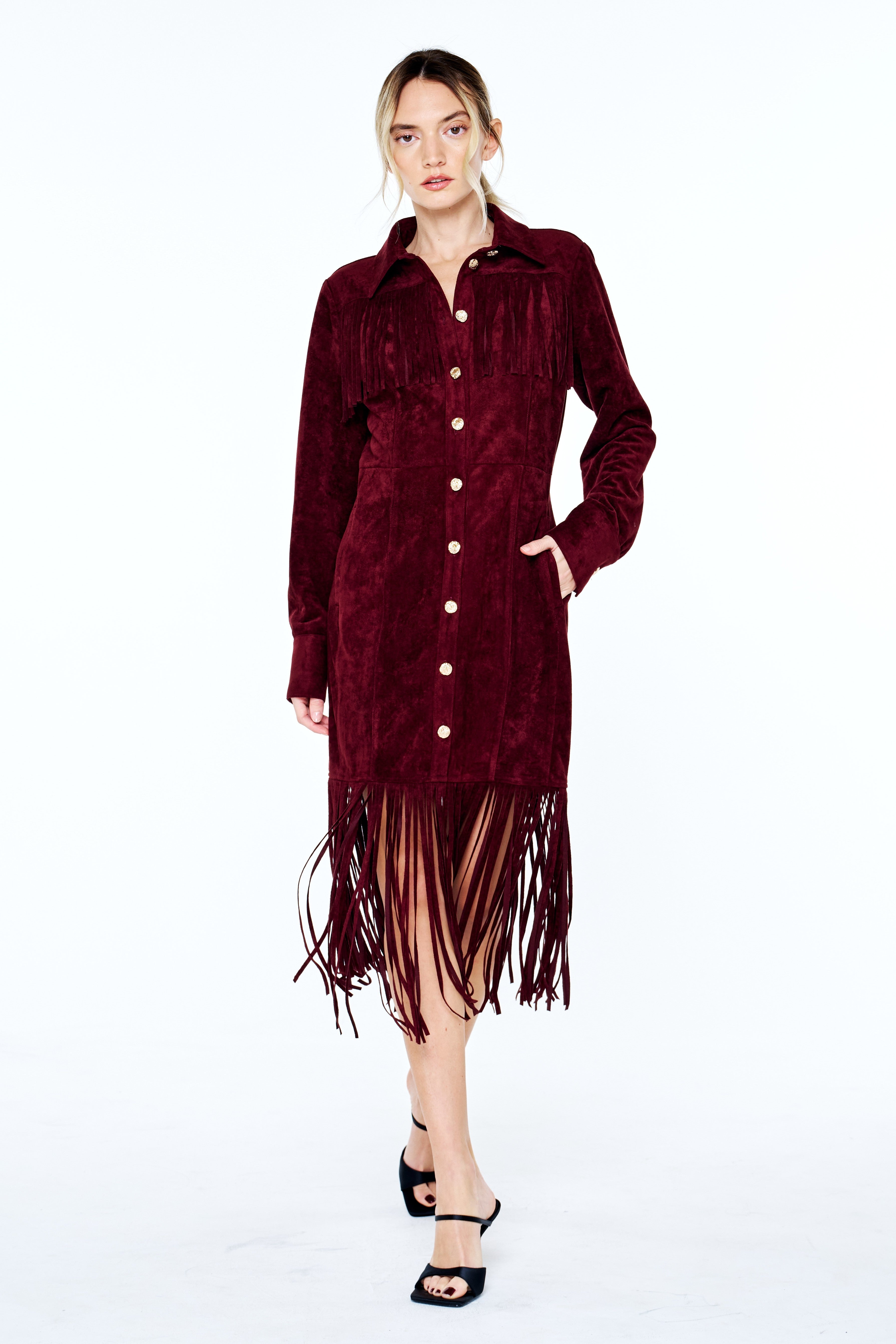 Jimena Button-Up Fringe Midi Dress