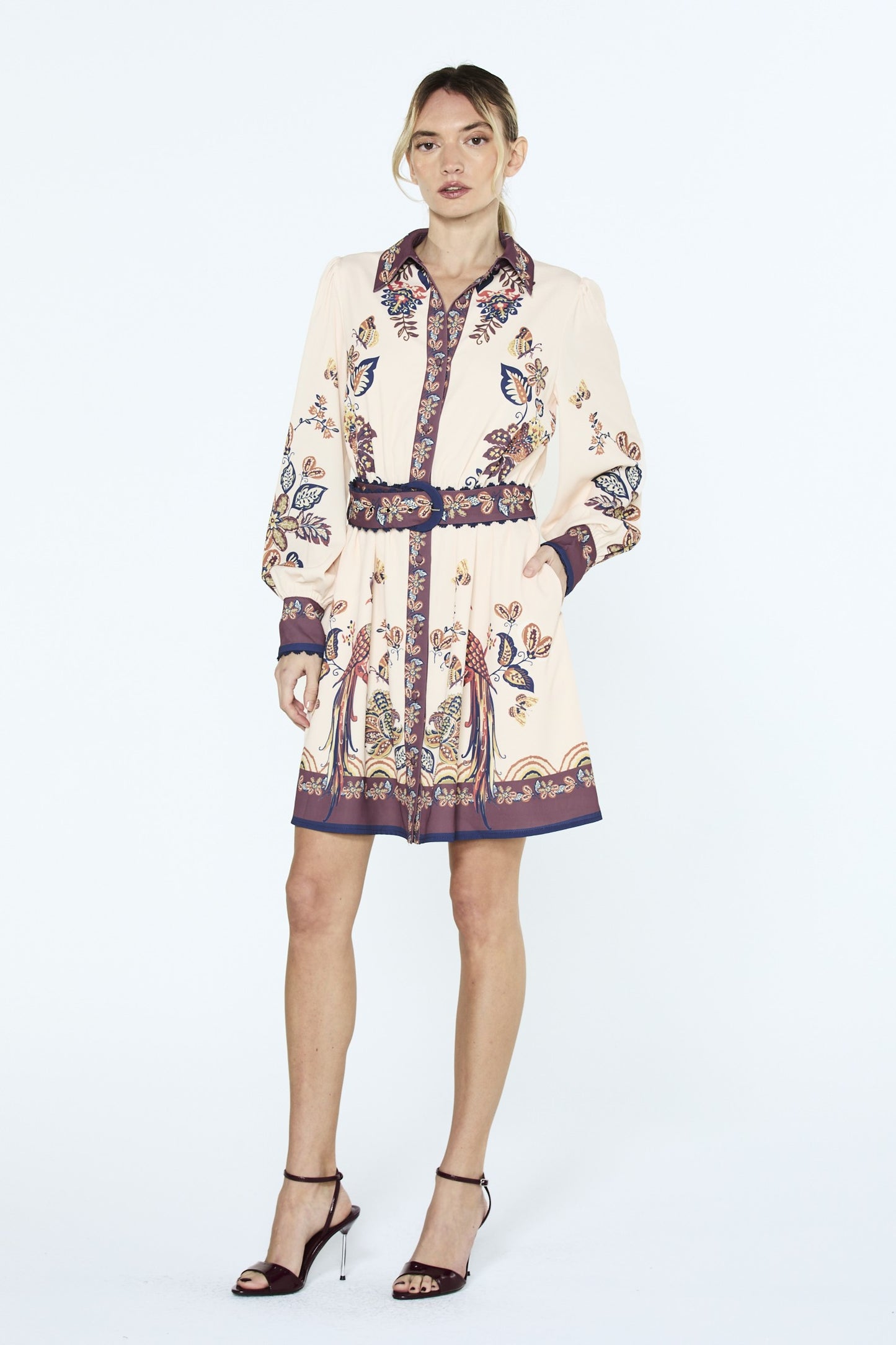 Khyrie Bird Print Mini Shirt Dress