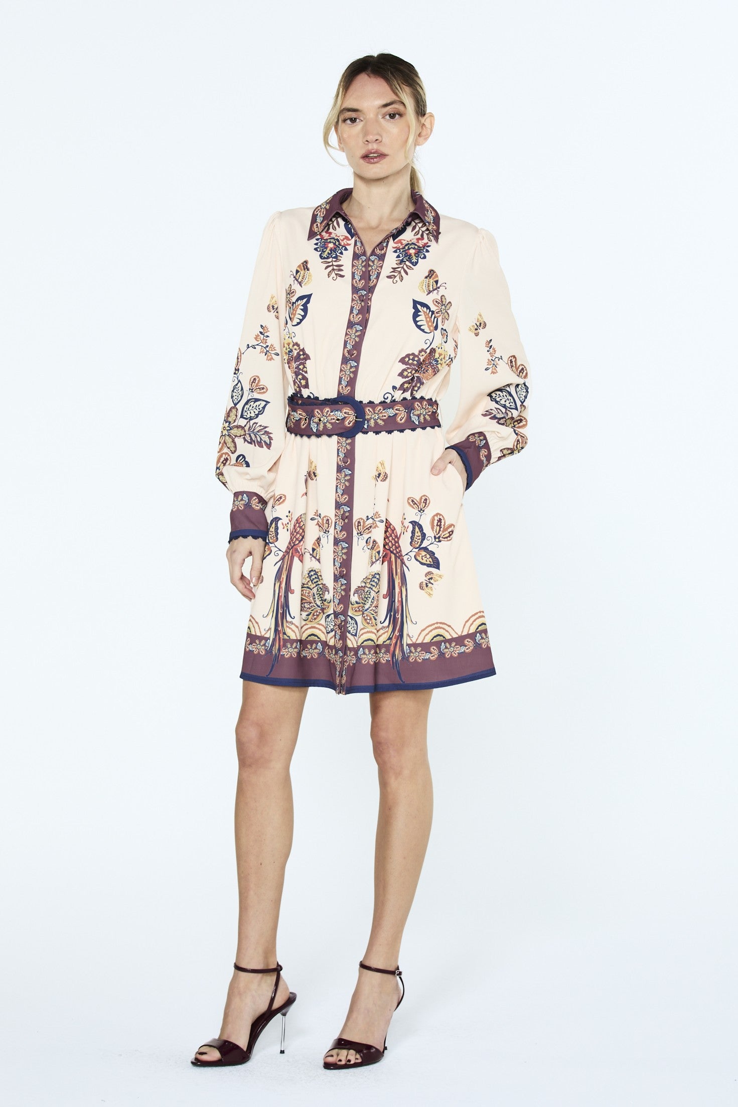 Khyrie Bird Print Mini Shirt Dress