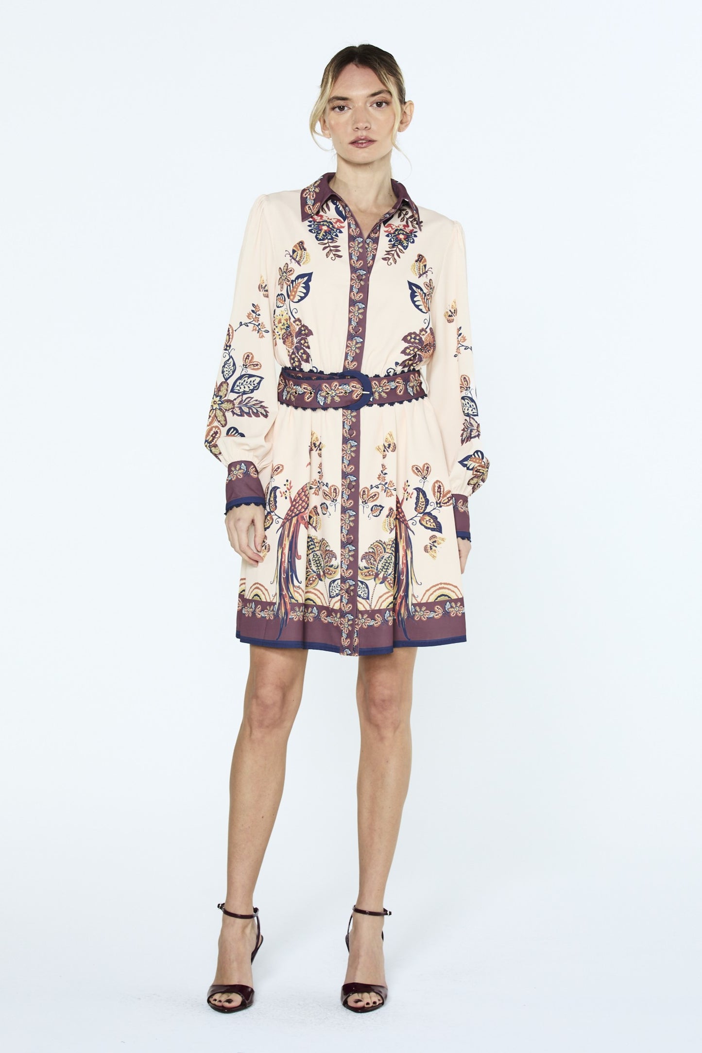Khyrie Bird Print Mini Shirt Dress