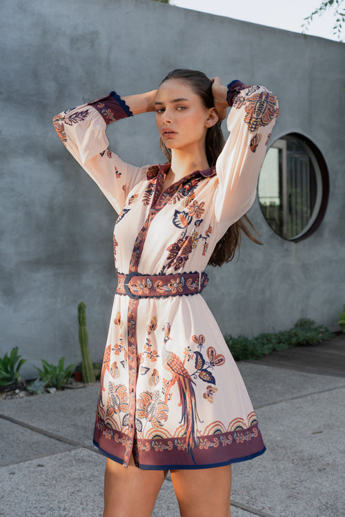 Cargar la imagen 1 en la vista de la galería. Khyrie Bird Print Mini Shirt Dress
