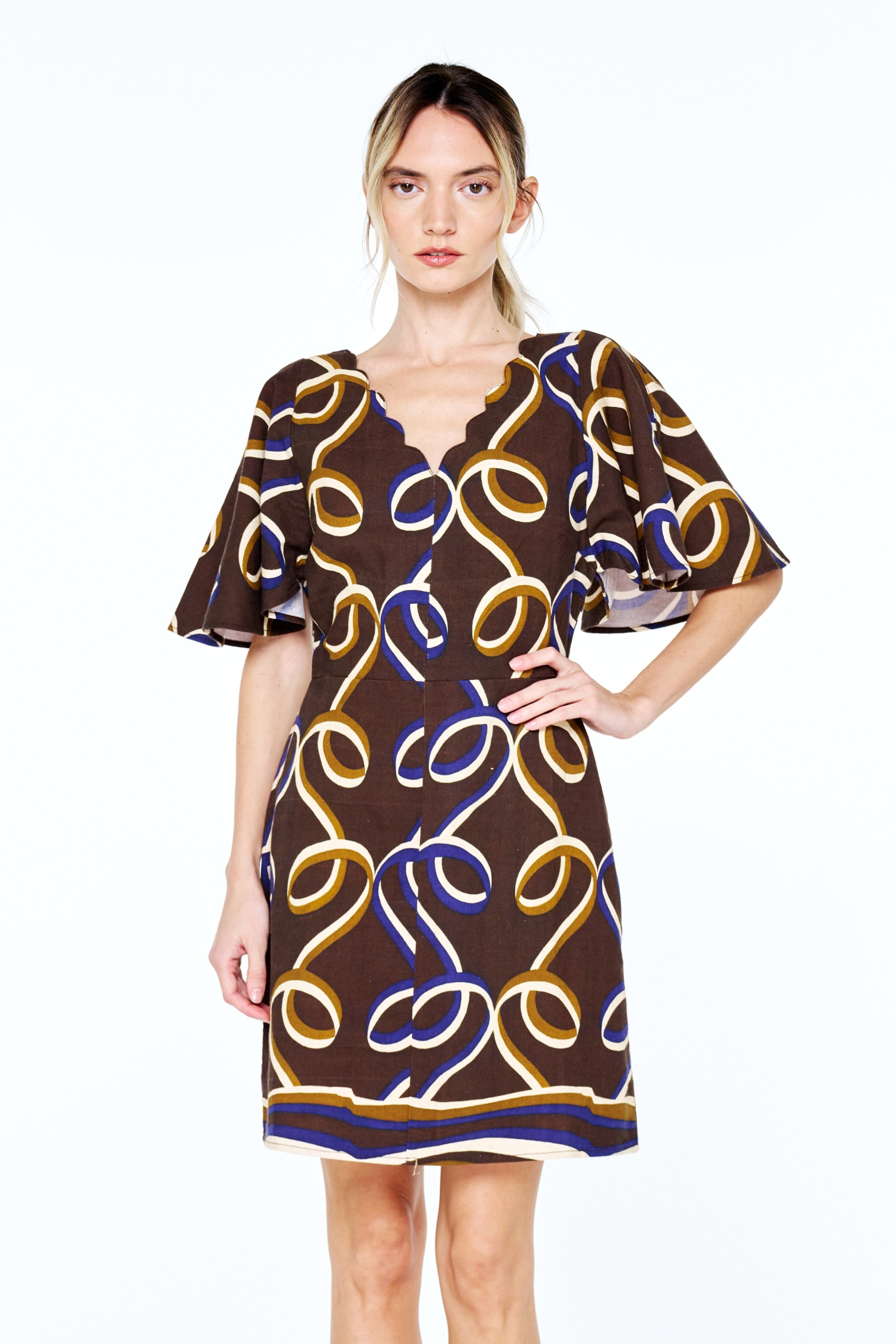 Kim Ribbon Print Scallop Sleeve	Mini	Dress