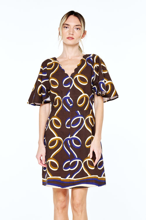Load image 1 in gallery view. Kim Ribbon Print Scallop Sleeve	Mini	Dress