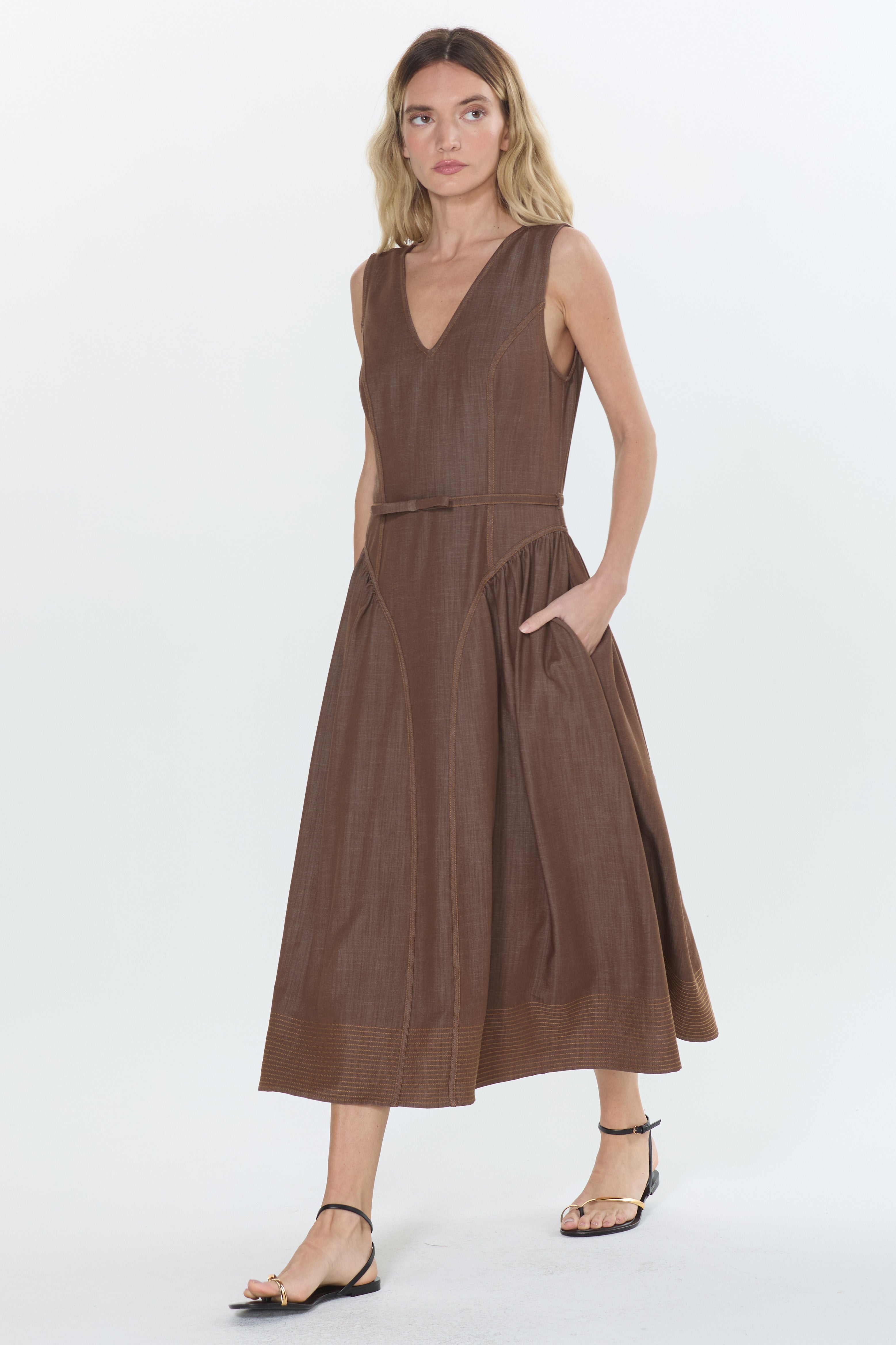 Bruni Topstitched	Denim Effect Midi Dress
