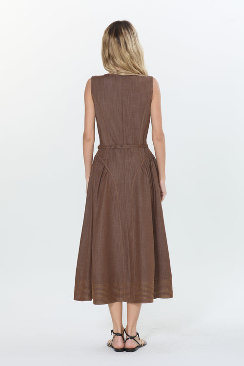 Cargar la imagen 1 en la vista de la galería. Bruni Topstitched	Denim Effect Midi Dress