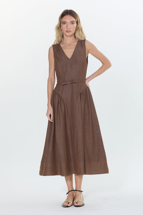 Cargar la imagen 1 en la vista de la galería. Bruni Topstitched	Denim Effect Midi Dress