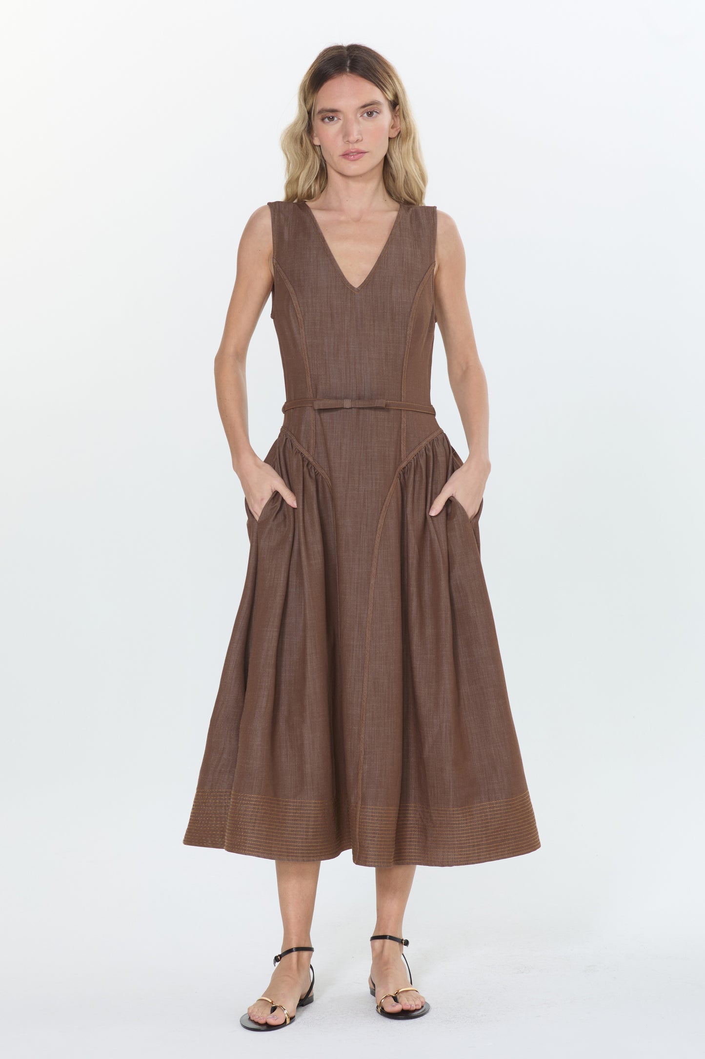 Bruni Topstitched	Denim Effect Midi Dress