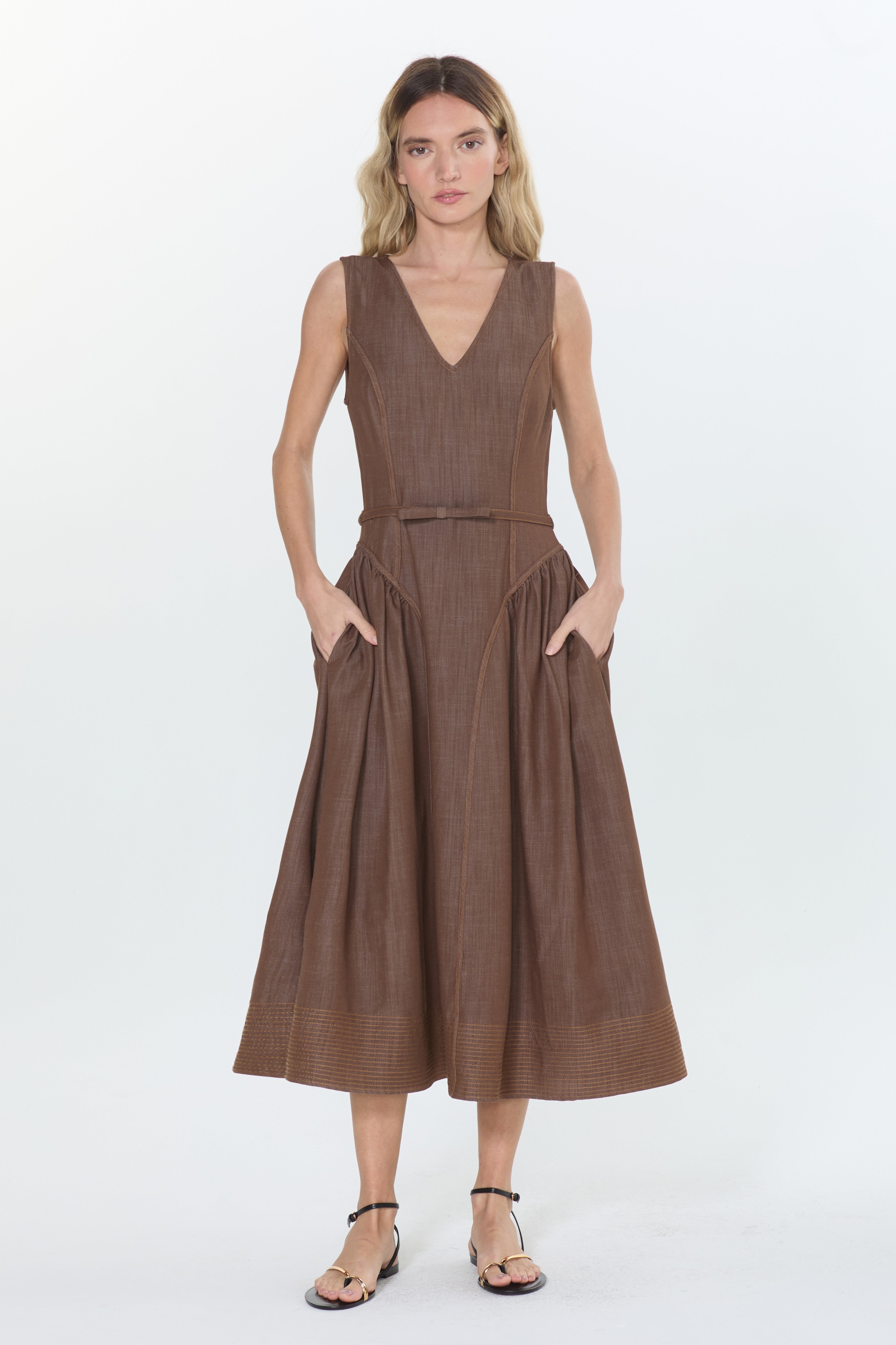 Bruni Topstitched	Denim Effect Midi Dress