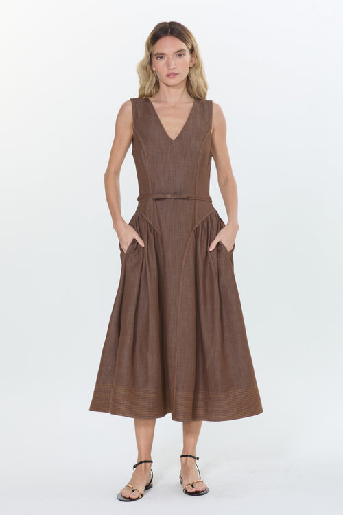 Cargar la imagen 1 en la vista de la galería. Bruni Topstitched	Denim Effect Midi Dress