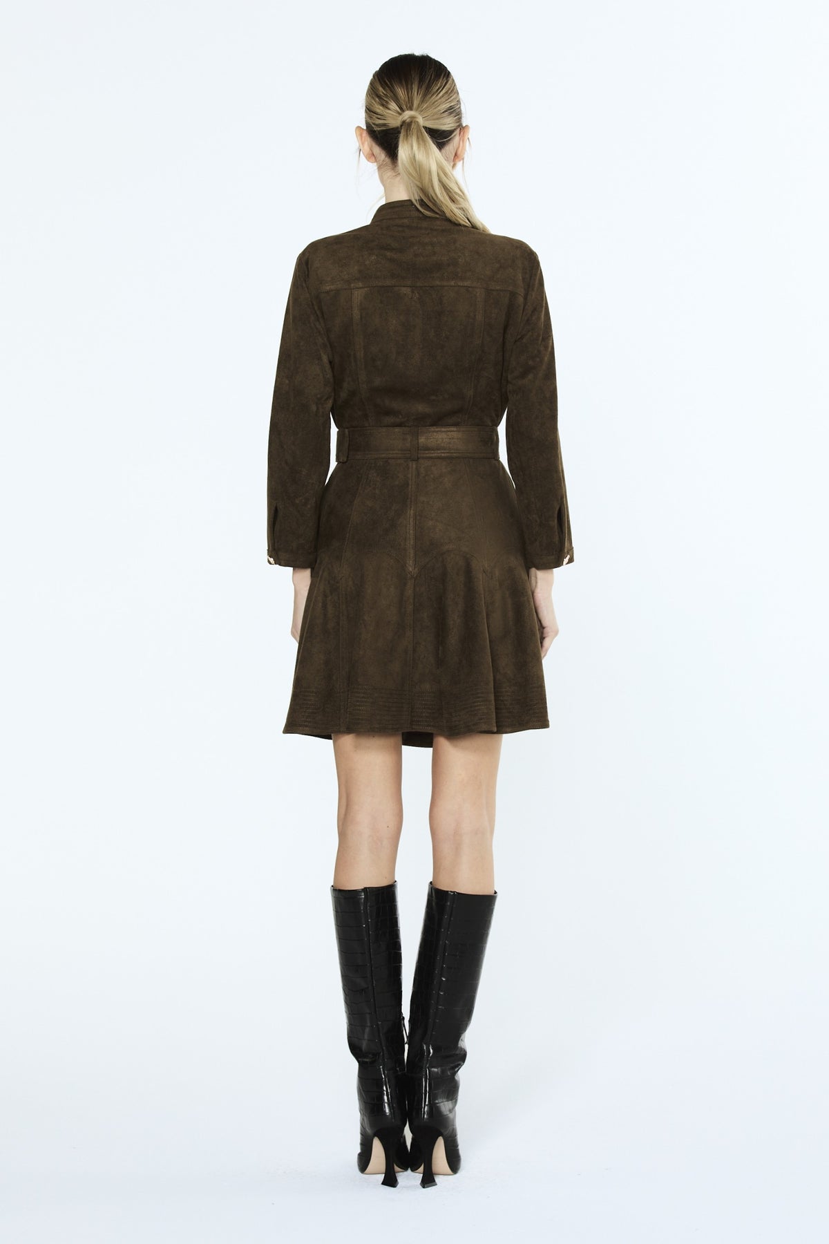 Karrie Belted Long Sleeve Faux Suede Shirt Dress