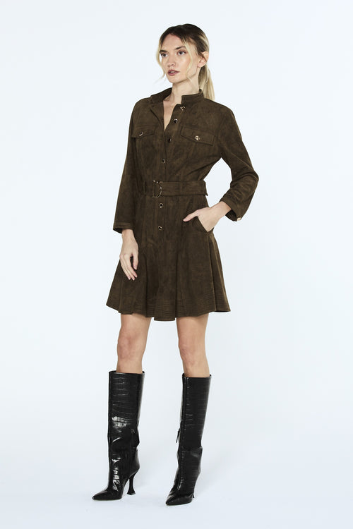 Load image 1 in gallery view. Karrie Belted Long Sleeve Faux Suede Shirt Dress