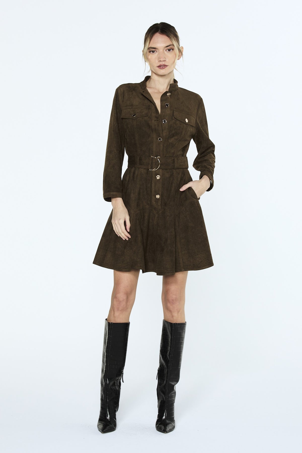 Karrie Belted Long Sleeve Faux Suede Shirt Dress
