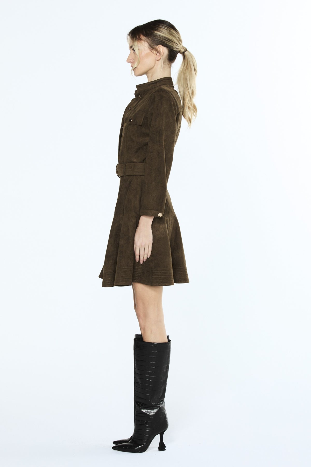 Karrie Belted Long Sleeve Faux Suede Shirt Dress