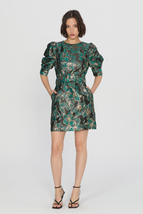 Load image 1 in gallery view. Alejandra Puff Sleeve Jacquard Mini Dress