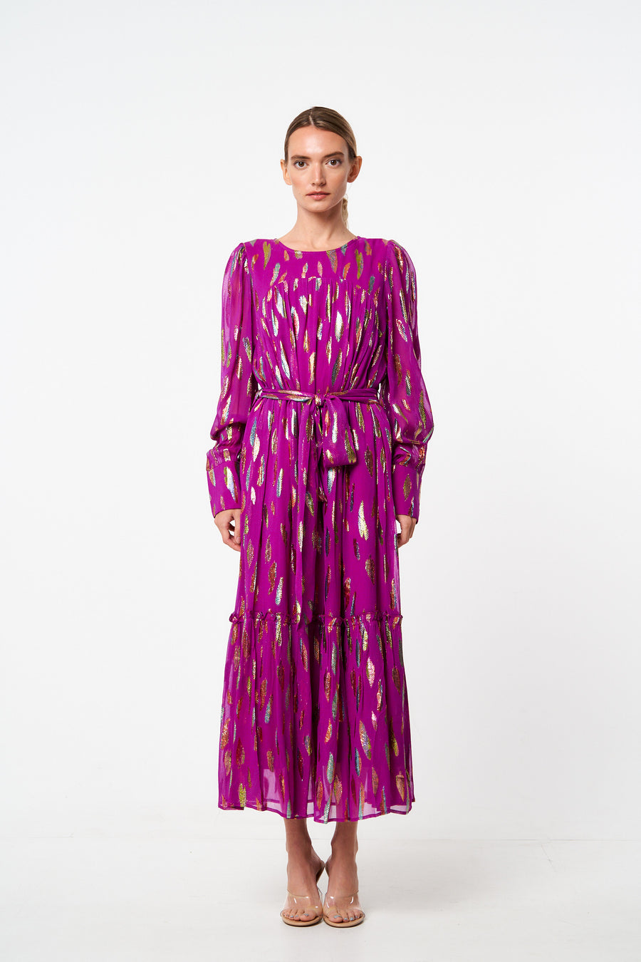 Eryn Metallic Print Tie Waist Long Sleeve Maxi Dress