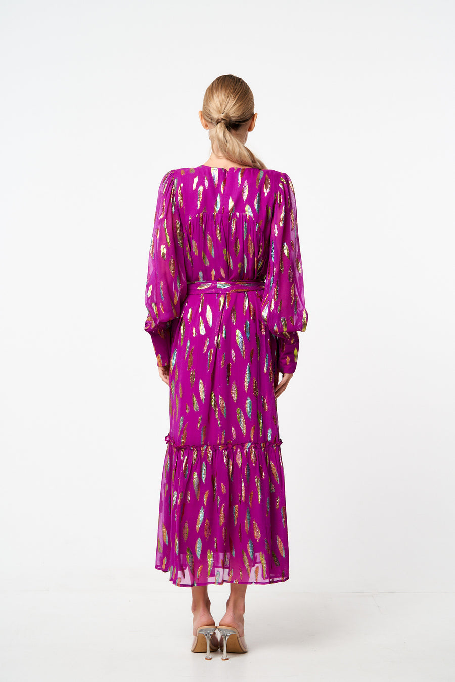 Eryn Metallic Print Tie Waist Long Sleeve Maxi Dress