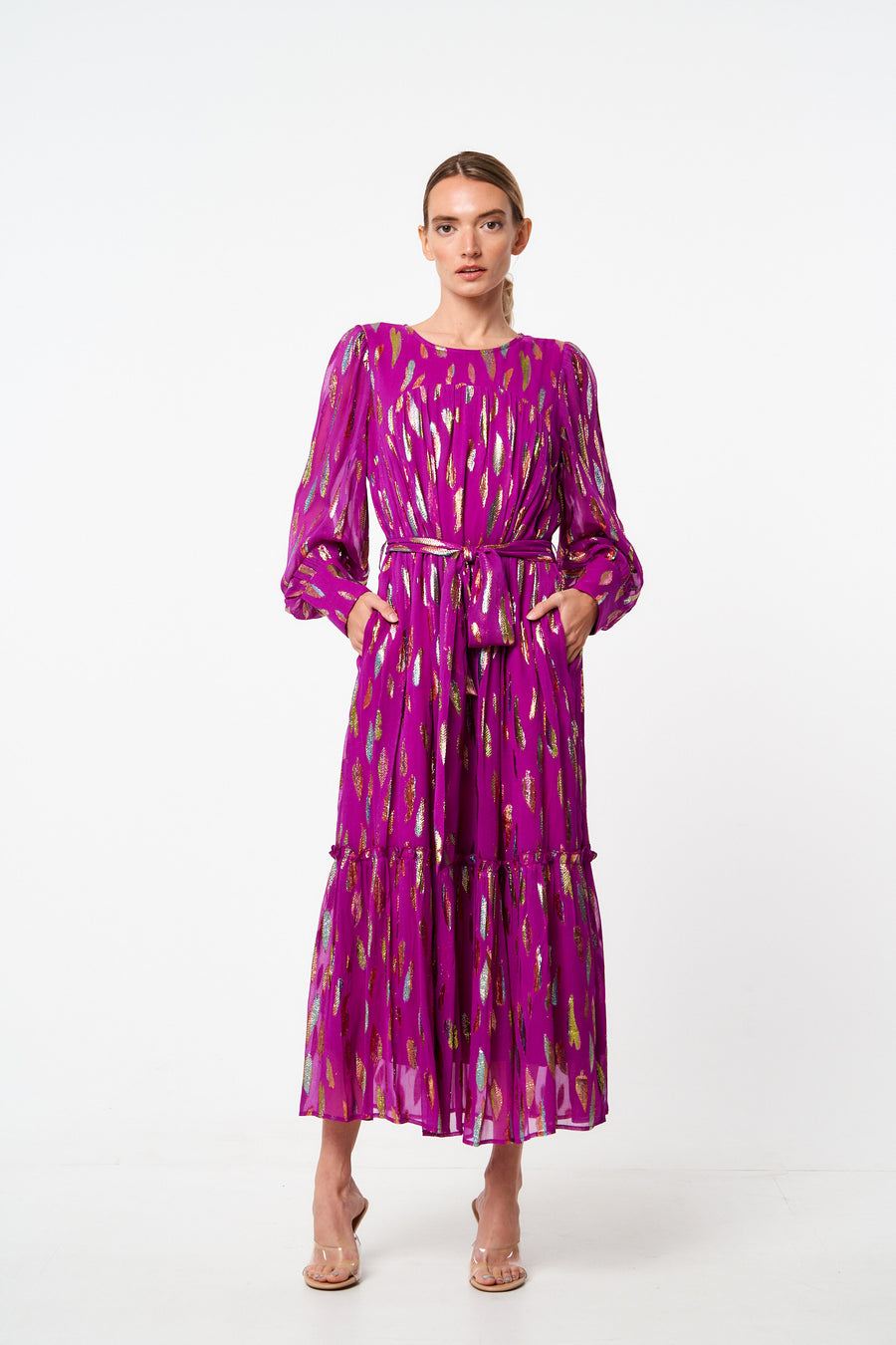Eryn Metallic Print Tie Waist Long Sleeve Maxi Dress