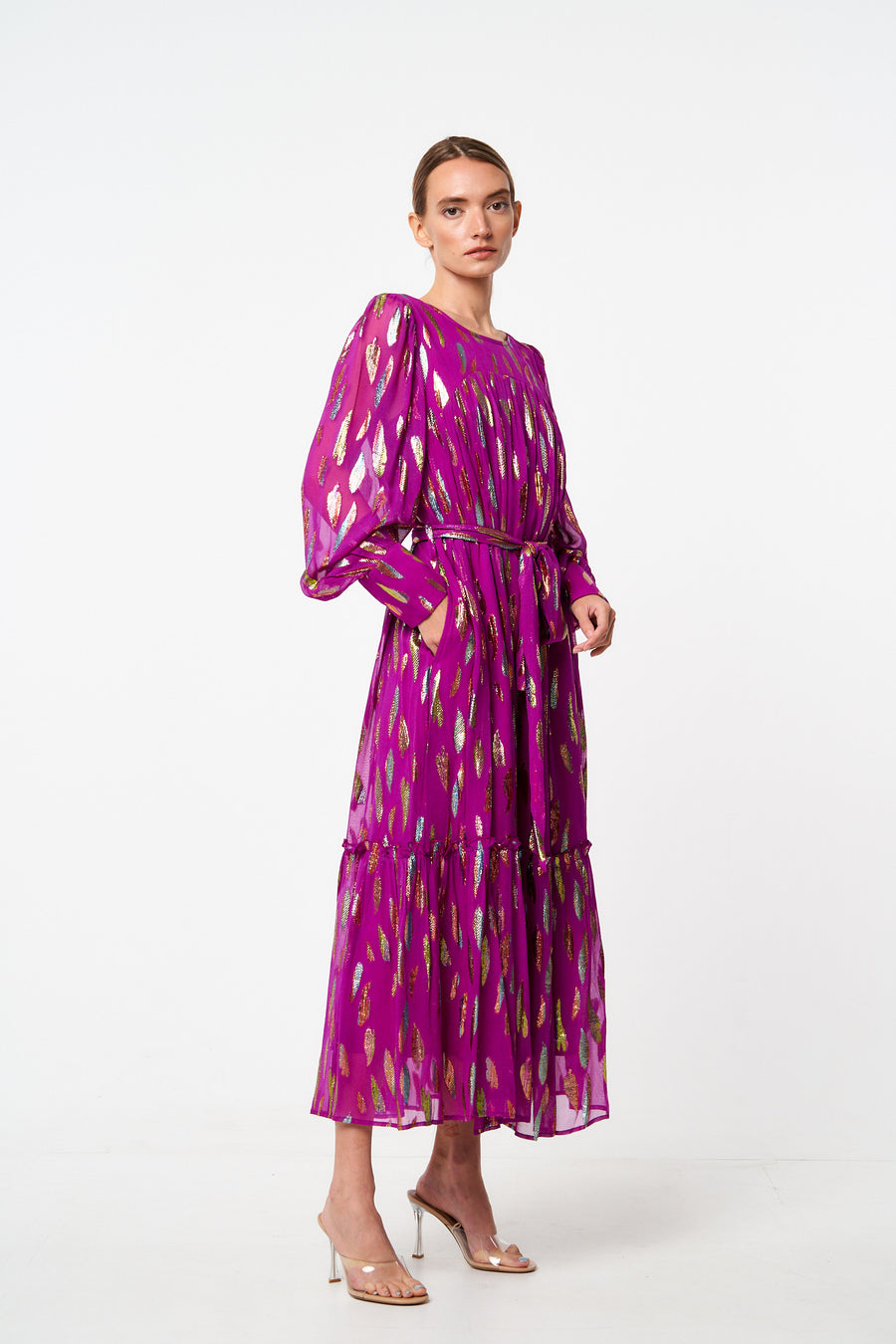 Eryn Metallic Print Tie Waist Long Sleeve Maxi Dress