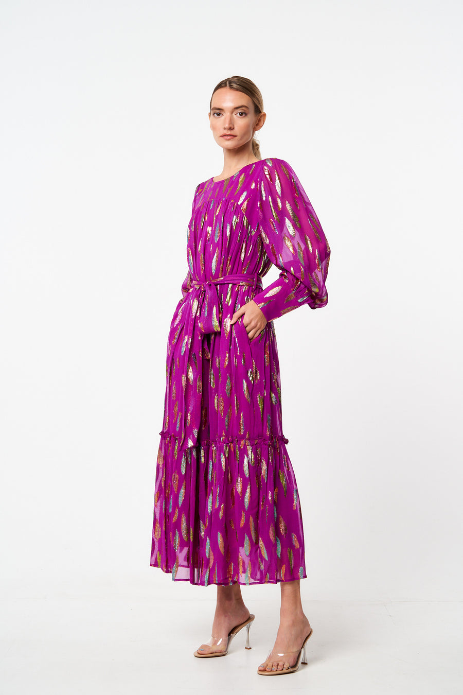 Eryn Metallic Print Tie Waist Long Sleeve Maxi Dress