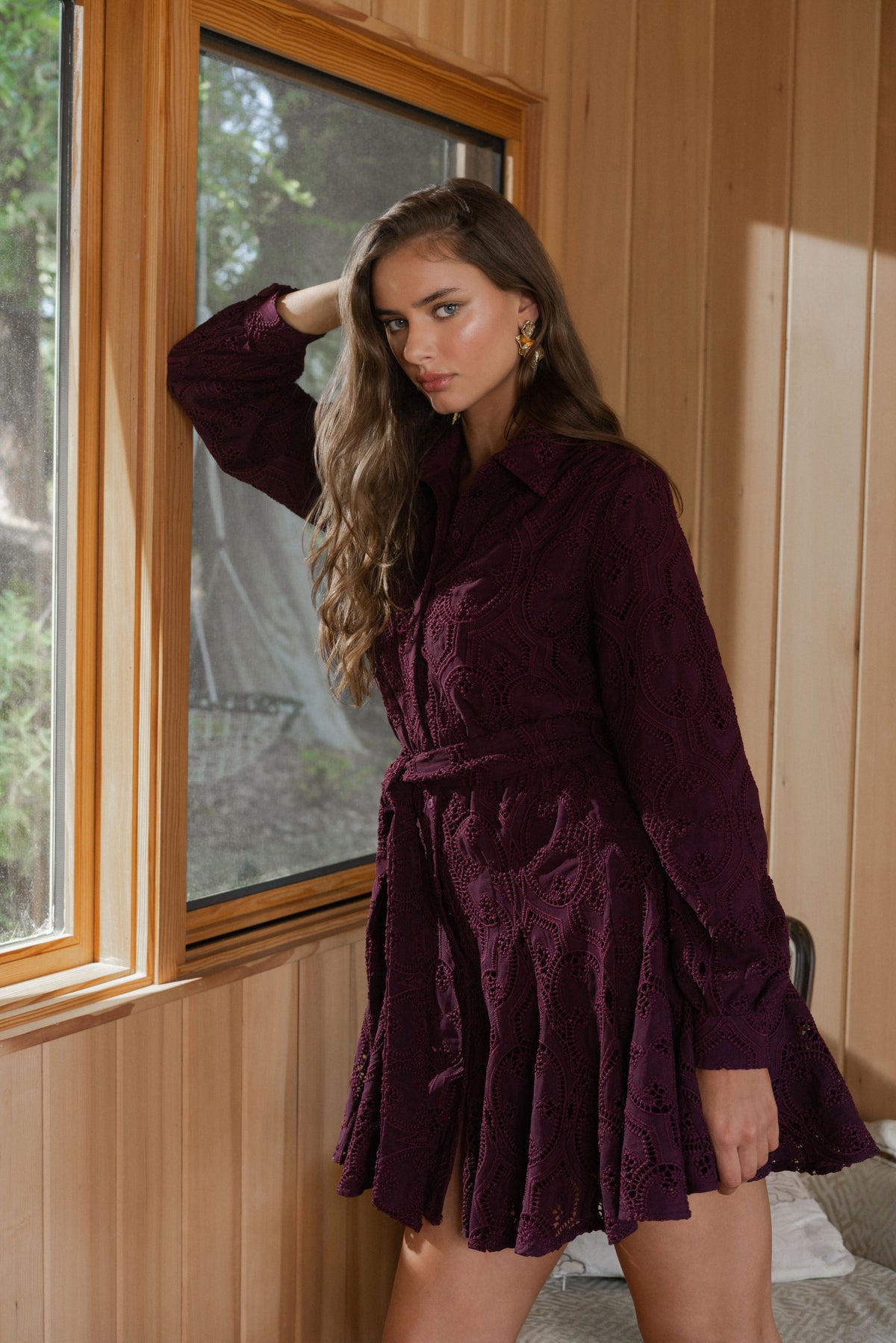 Serane Eyelet Embroidered Lace Mini Shirt Dress