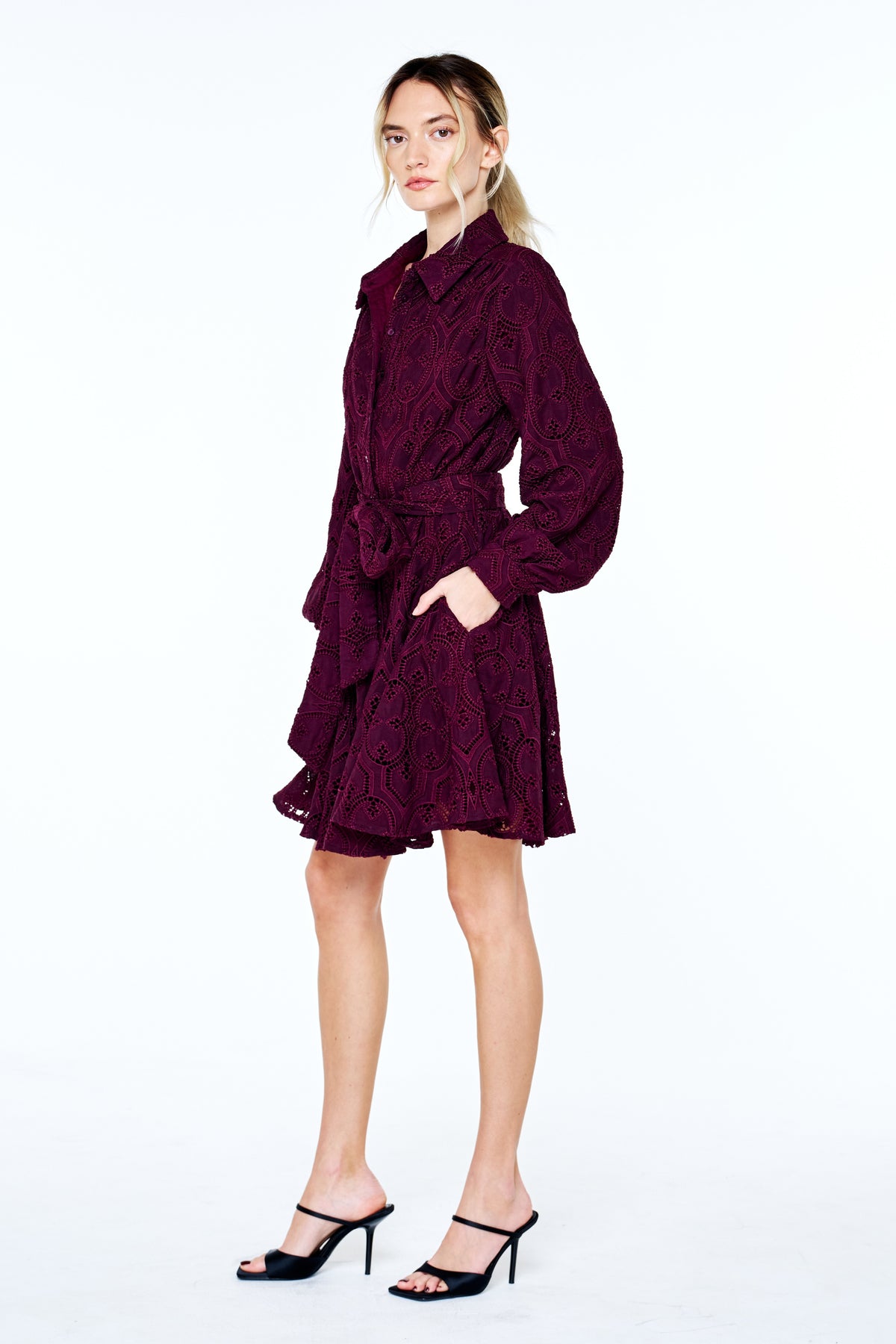 Serane Eyelet Embroidered Lace Mini Shirt Dress
