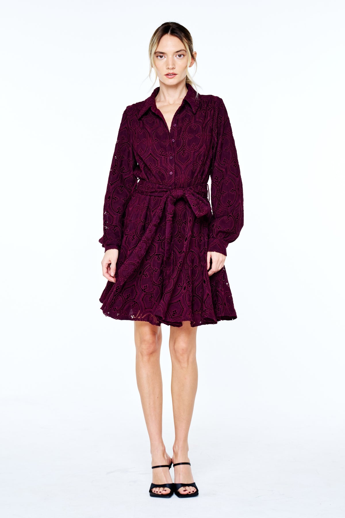 Serane Eyelet Embroidered Lace Mini Shirt Dress