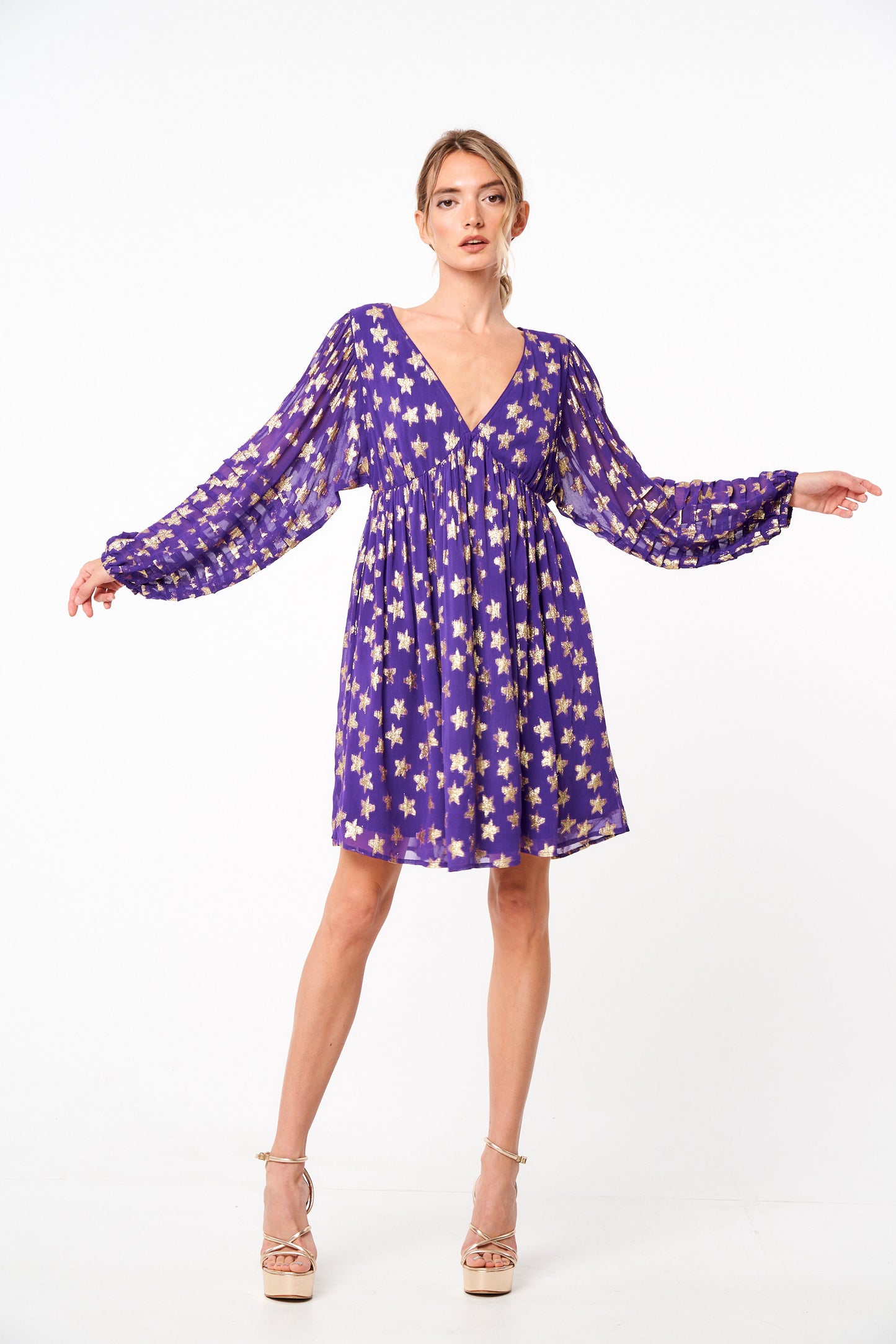 Sallie Metallic Star Print Long Sleeve Mini Dress