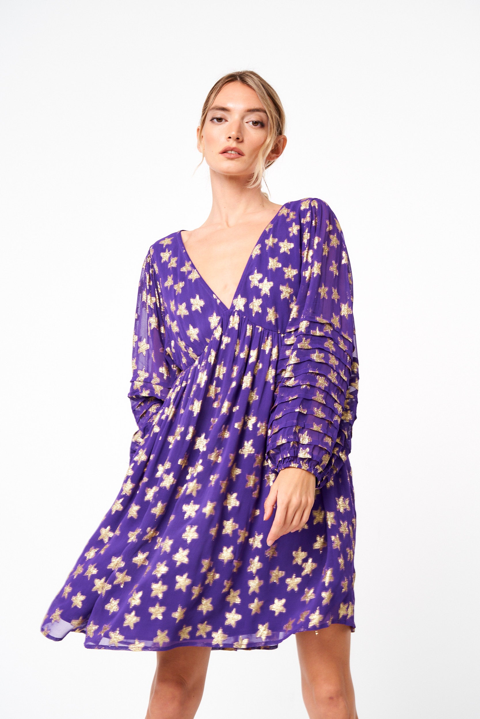 Sallie Metallic Star Print Long Sleeve Mini Dress