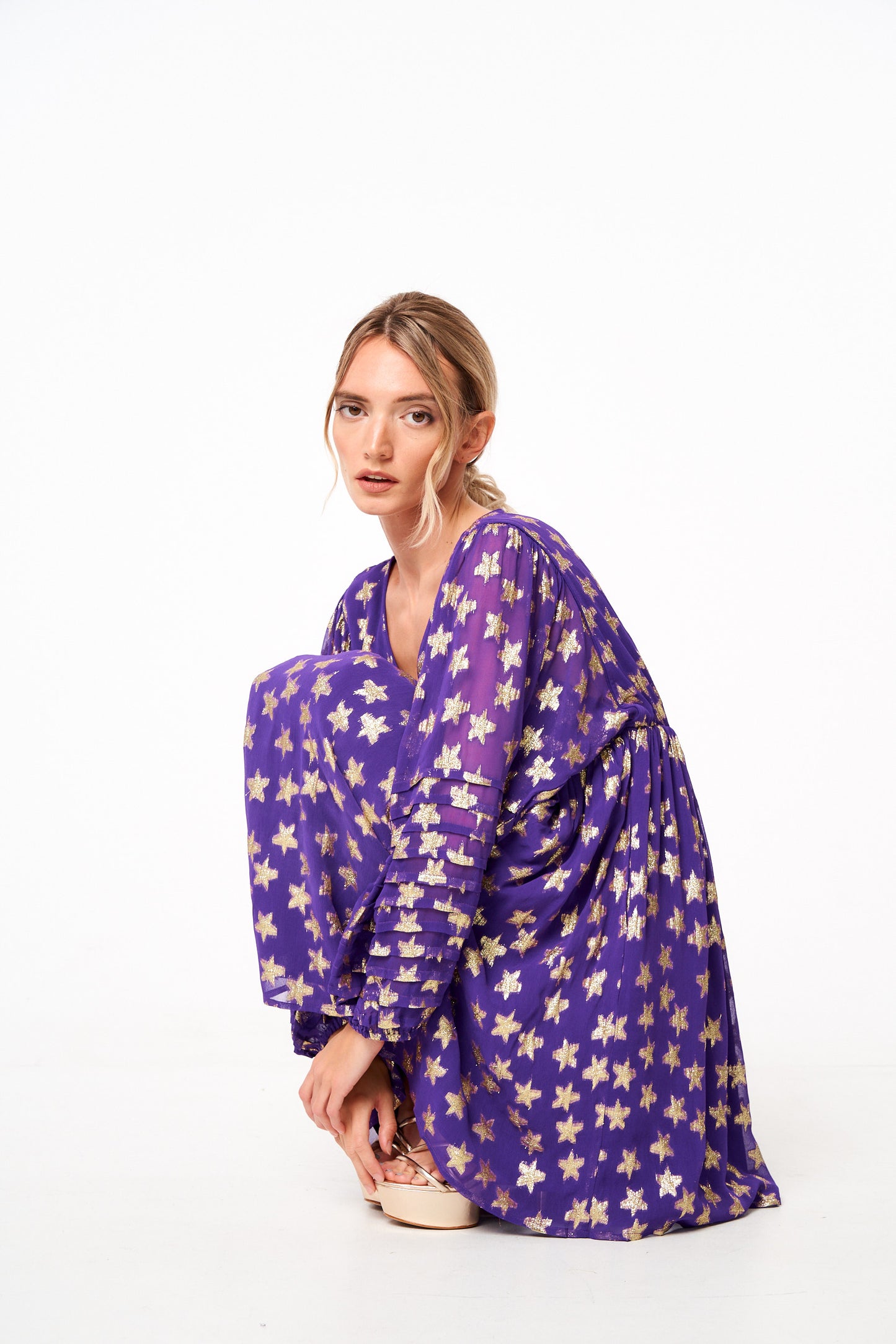 Sallie Metallic Star Print Long Sleeve Mini Dress