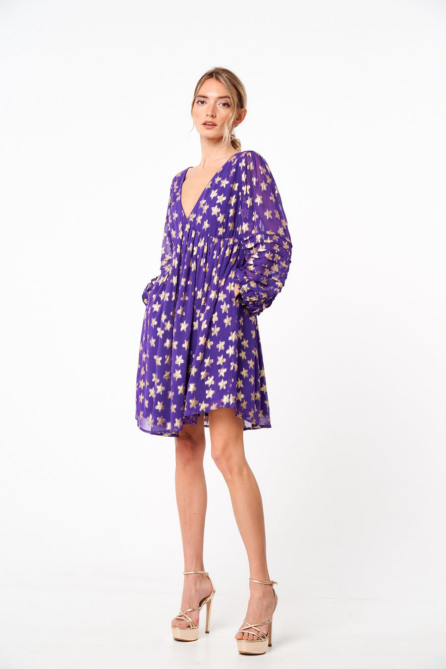 Sallie Metallic Star Print Long Sleeve Mini Dress