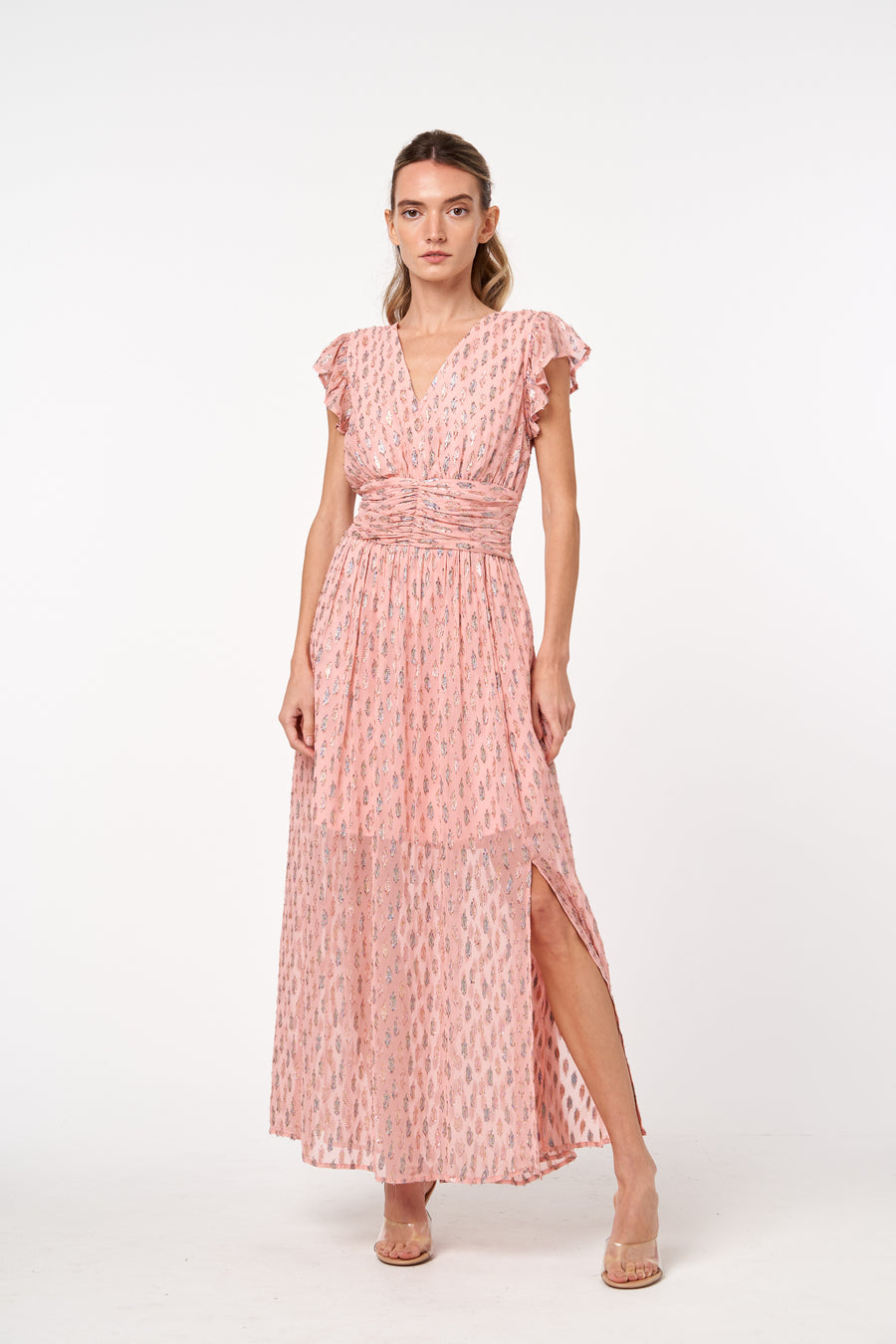 Jennsen Ruched Flutter Sleeve Maxi Dress