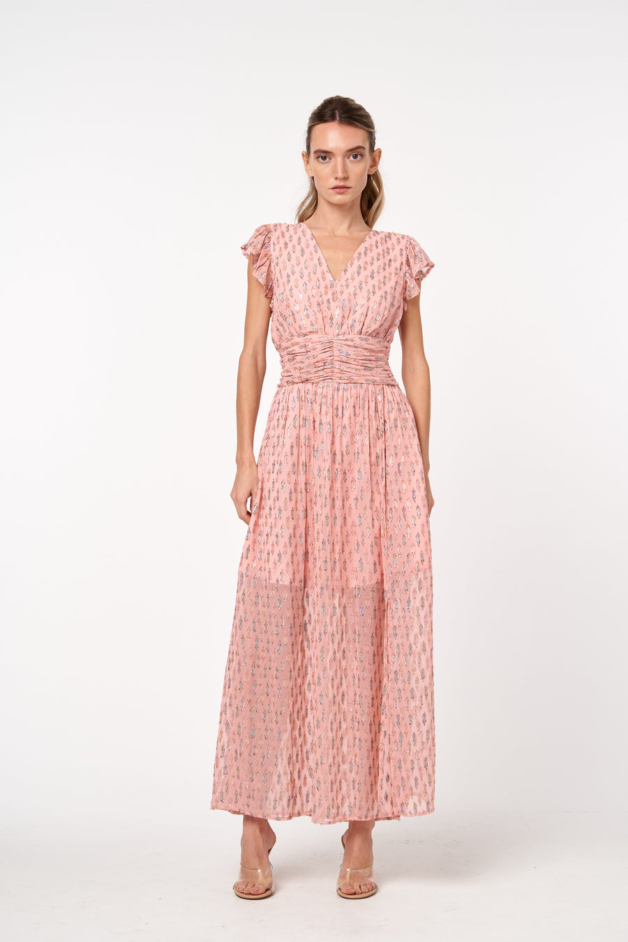 Jennsen Ruched Flutter Sleeve Maxi Dress